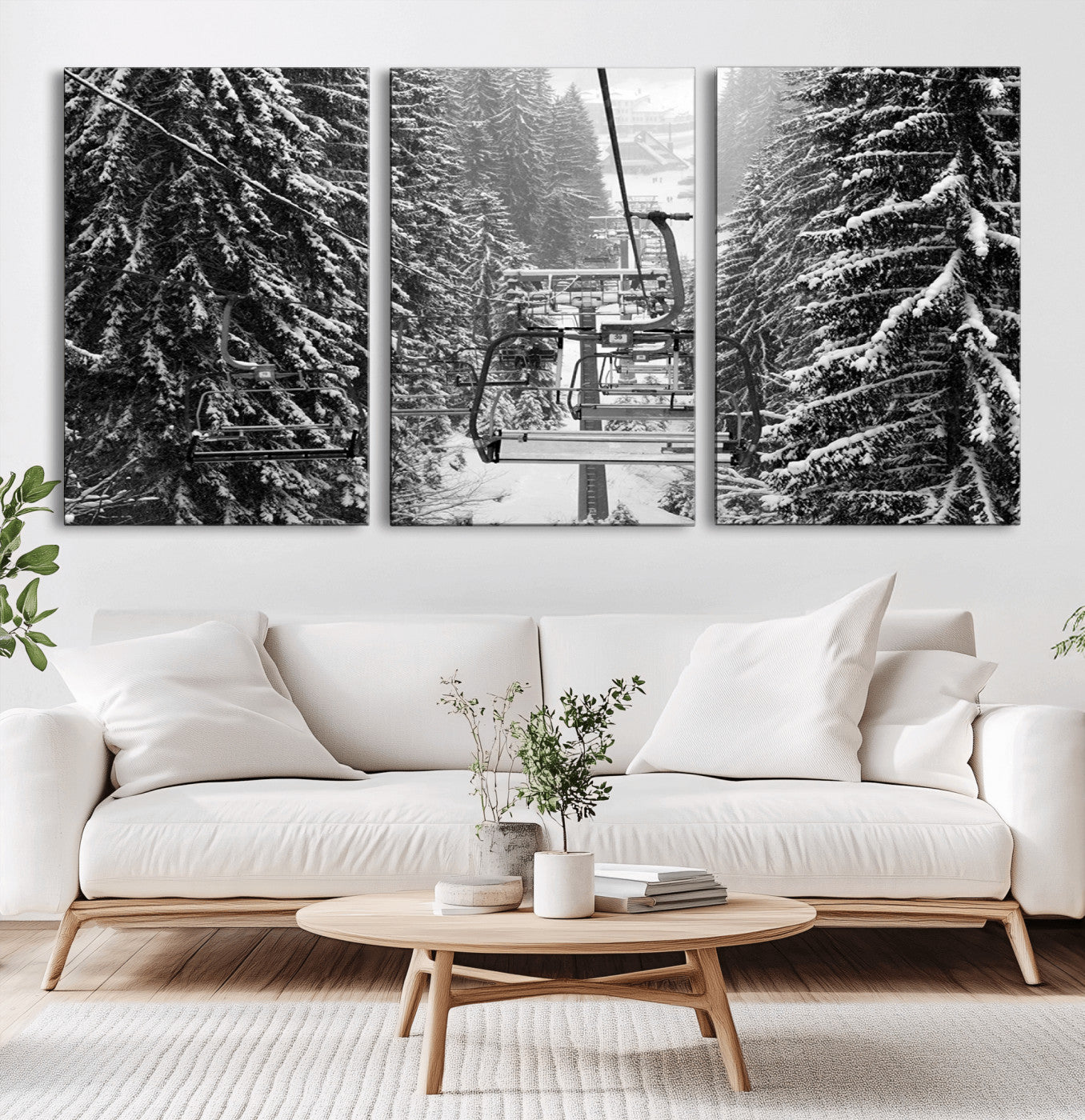 19240-MGV-CV-36X24-Winter Ski Lift Black and White Canvas Wall Art – Alpine Escape in Minimalist Style – Winter Ski