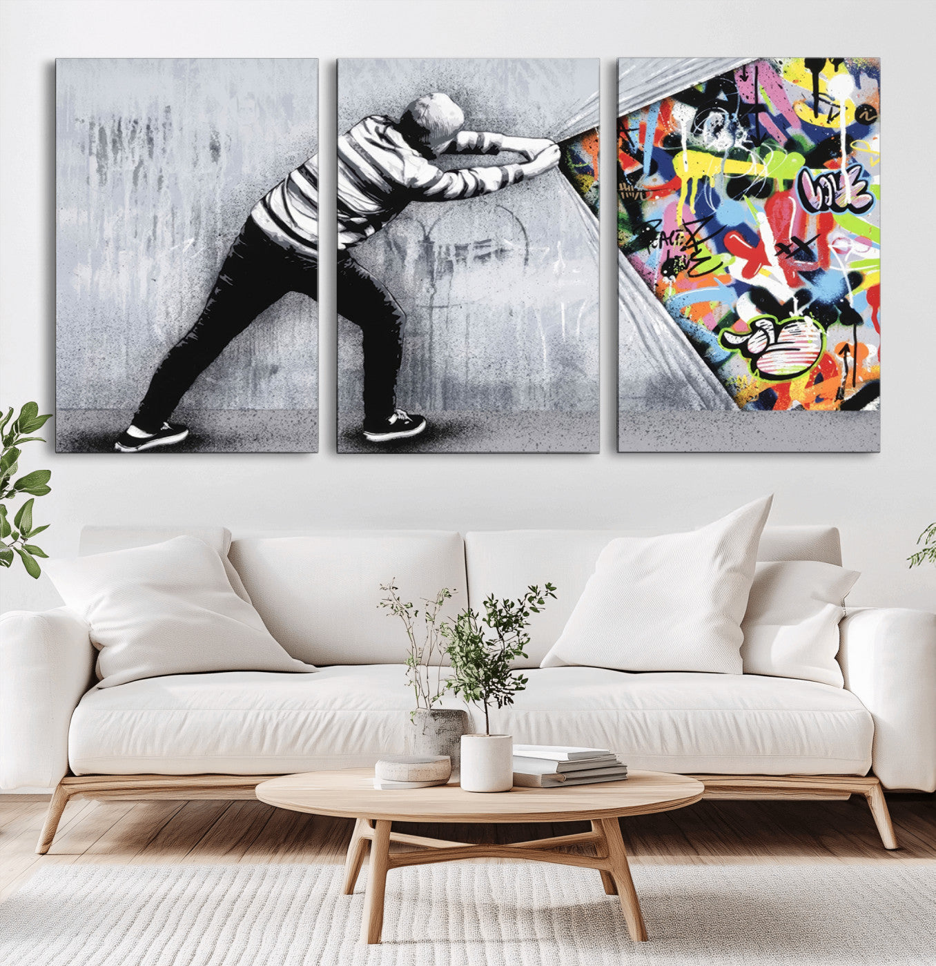 52252-MGV-CV-36X24-Banksy Art Behind the Curtain Street Wall Art Canvas Print | 3-Panel Urban Graffiti-Inspired Wall