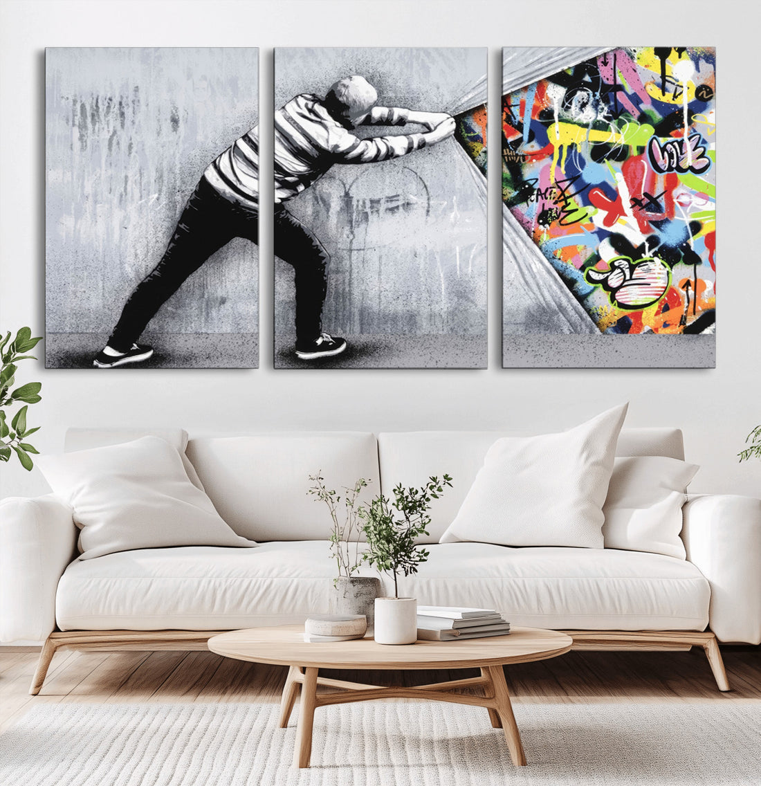 Banksy Art Behind the Curtain Street Wall Art Canvas Print | Urban Graffiti Style Wall Decor