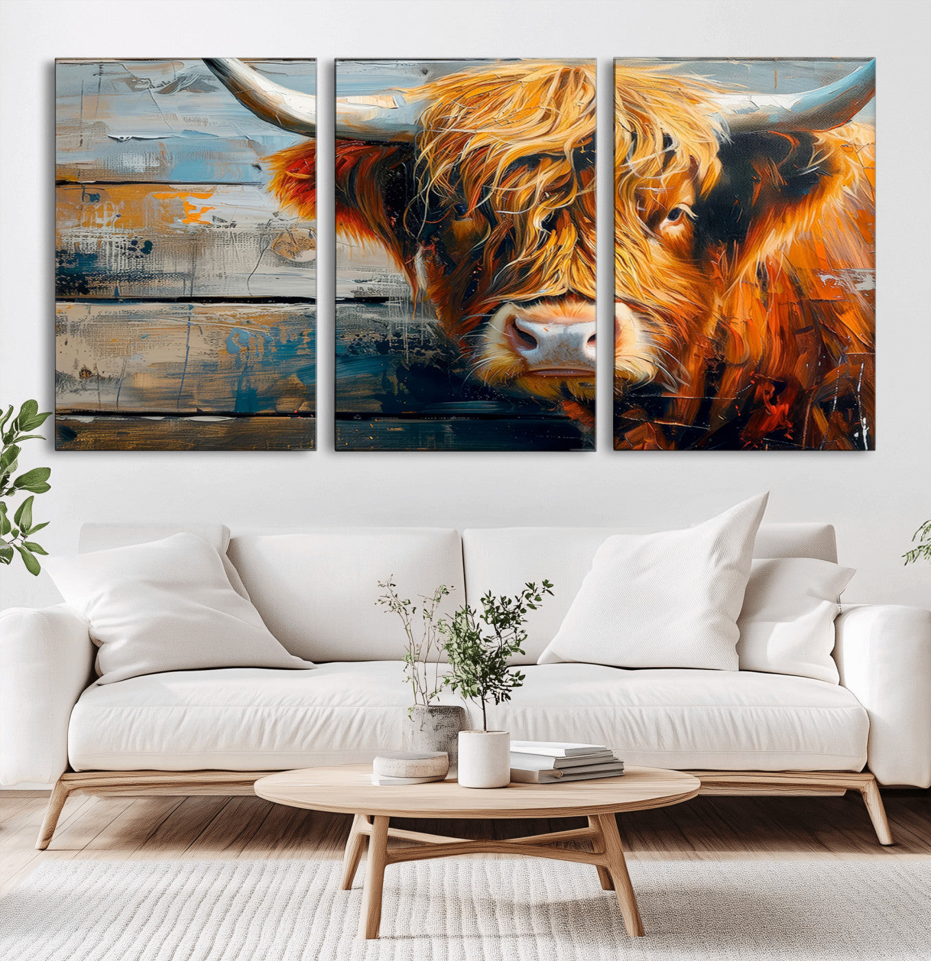 -Highland Cow Abstract Canvas Wall Art – Bold Farmhouse Rustic Decor – Ready to Hang