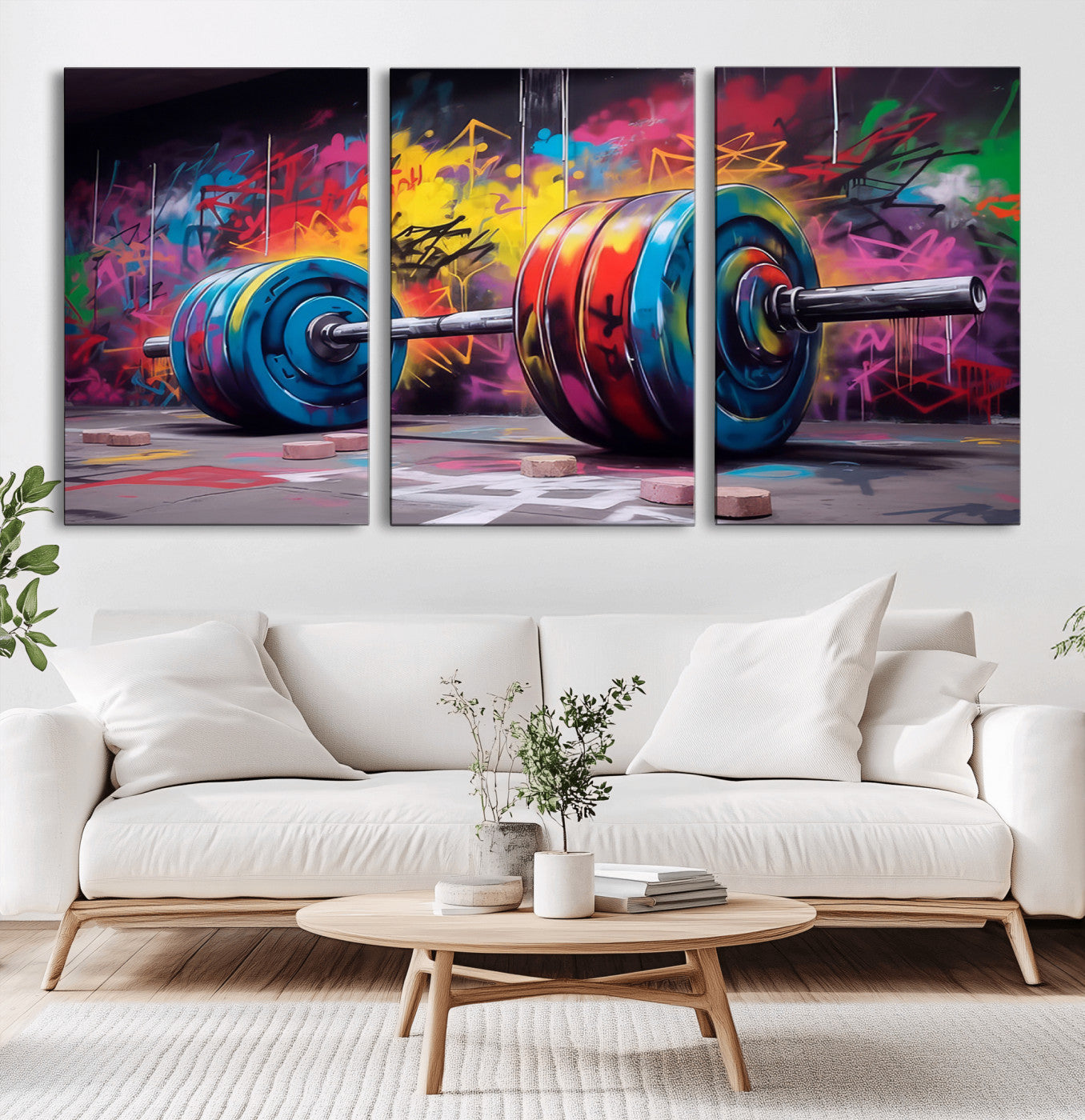 MGV-CV-60X30-3P - Abstract Graffiti Barbell Canvas Wall Art – Urban Fitness Meets Bold Street Art Print - Gym Wall Art