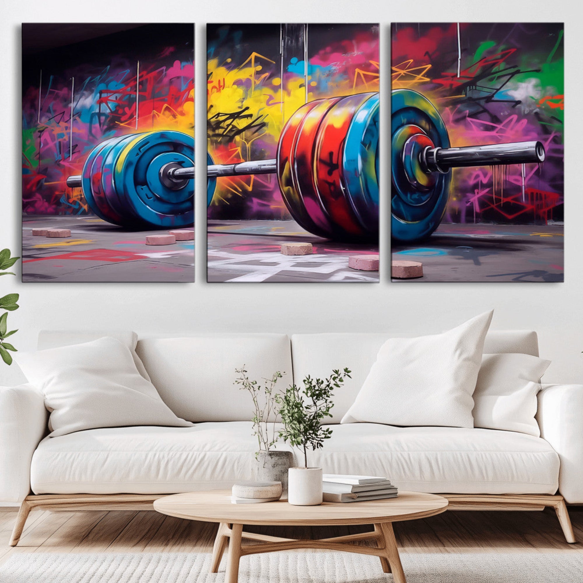 13549-MGV-CV-36X24-Abstract Graffiti Barbell Canvas Wall Art – Urban Fitness Meets Bold Street Art Print - Gym Wall Art