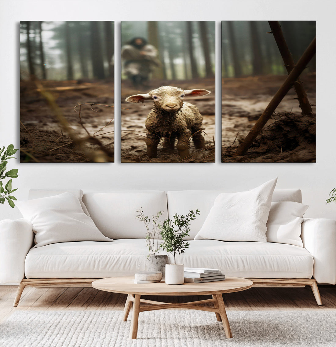 Jesus Lost Lamb Canvas Wall Art | Heartwarming Woodland Scene, Christian Wall Art