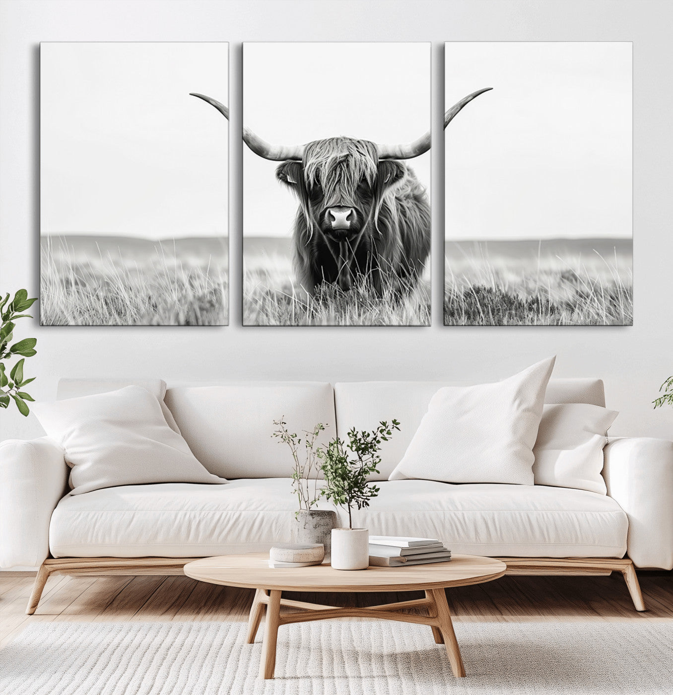 MGV-CV-60X30-3P - Highland Cow Canvas Wall Art – Majestic Beauty in Black and White