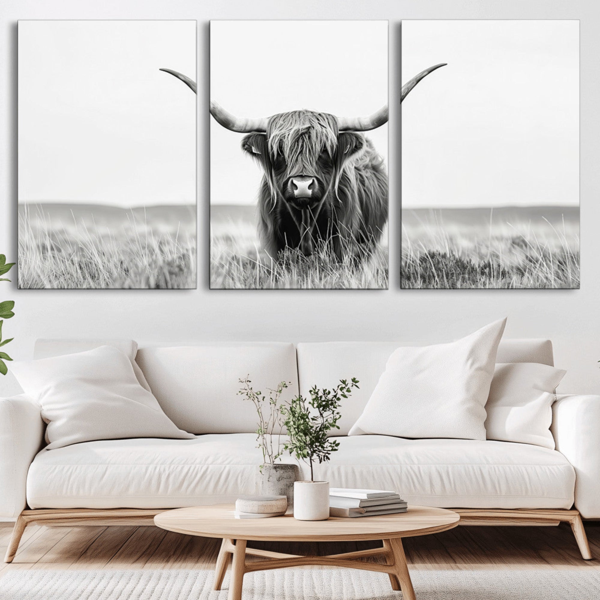 58751-MGV-CV-36X24-Highland Cow Canvas Wall Art – Majestic Beauty in Black and White