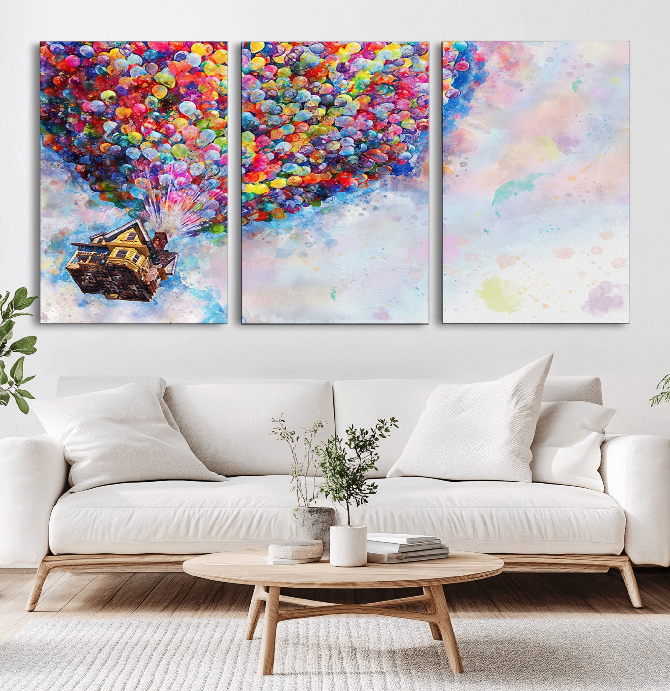 MGV-CV-60X30-3P - Don't Look Up Movie Canvas Wall Art - Vibrant Floating House and Balloons Scene, Tribute to Iconic