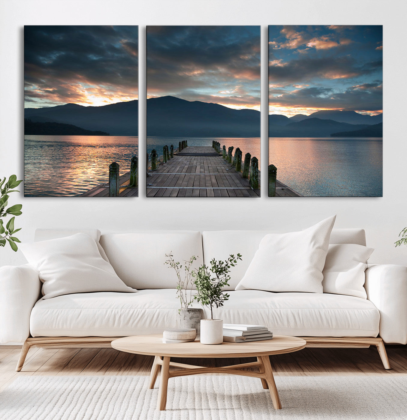 MGV-CV-60X30-3P - Mountain Lake Wood Pier Canvas Wall Art Nature Lake Print
