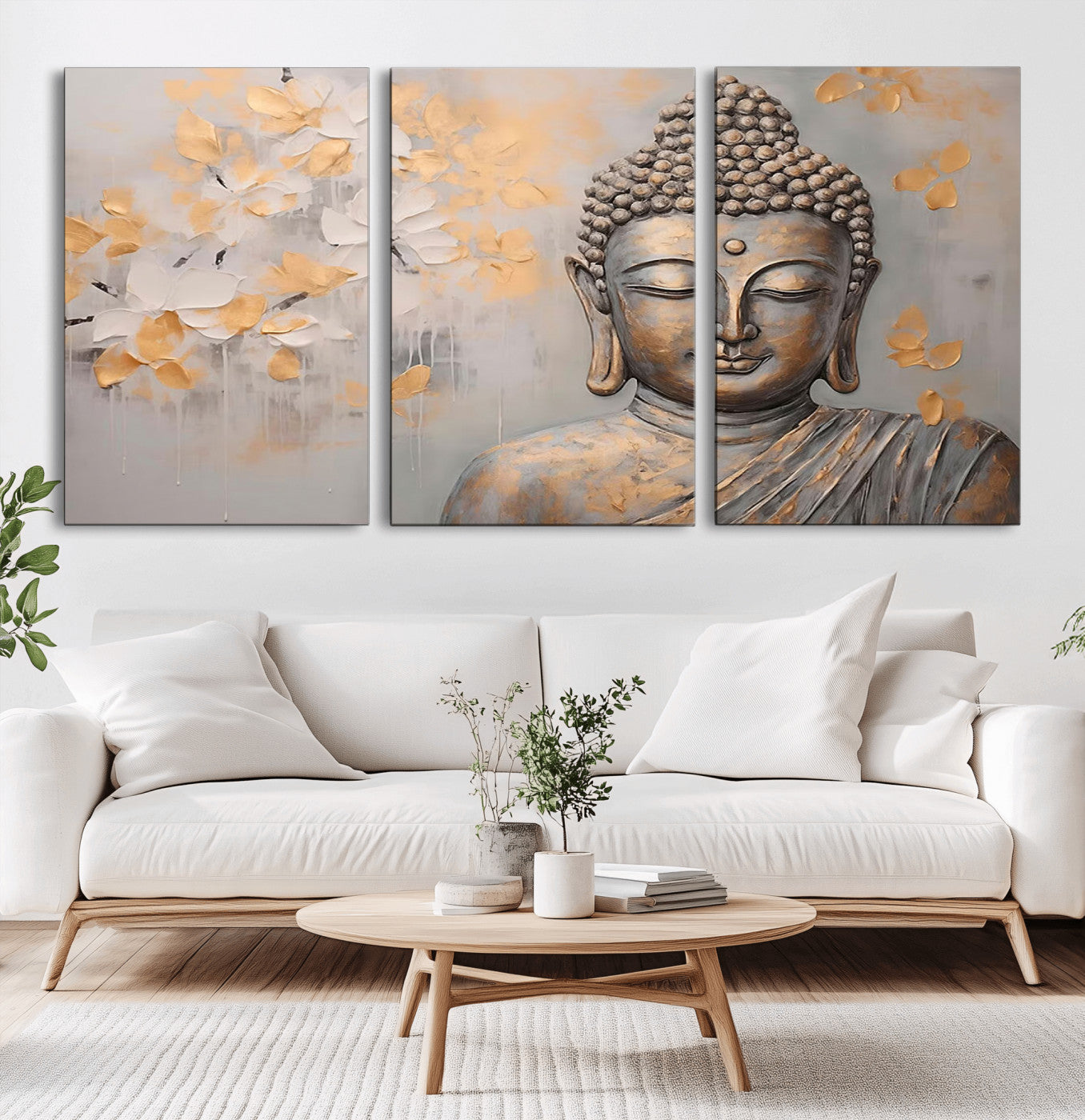 MGV-CV-60X30-3P - Abstract Buddha Statue Wall Art Canvas Print - Modern Meditation Decor for Living Room, Office, Yoga Studio Decor