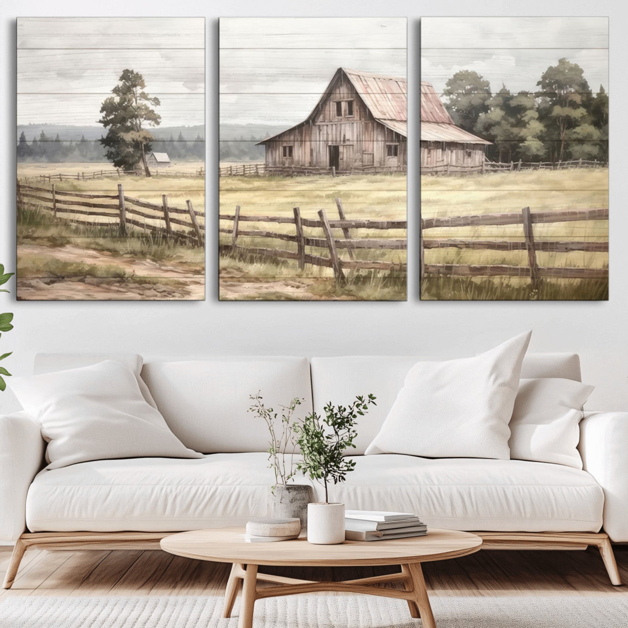 87489-MGV-CV-36X24-Rustic Farmhouse Barn Wall Art | 3-Panel Framed Gallery Wrap Giclee Canvas Print for Living Room,