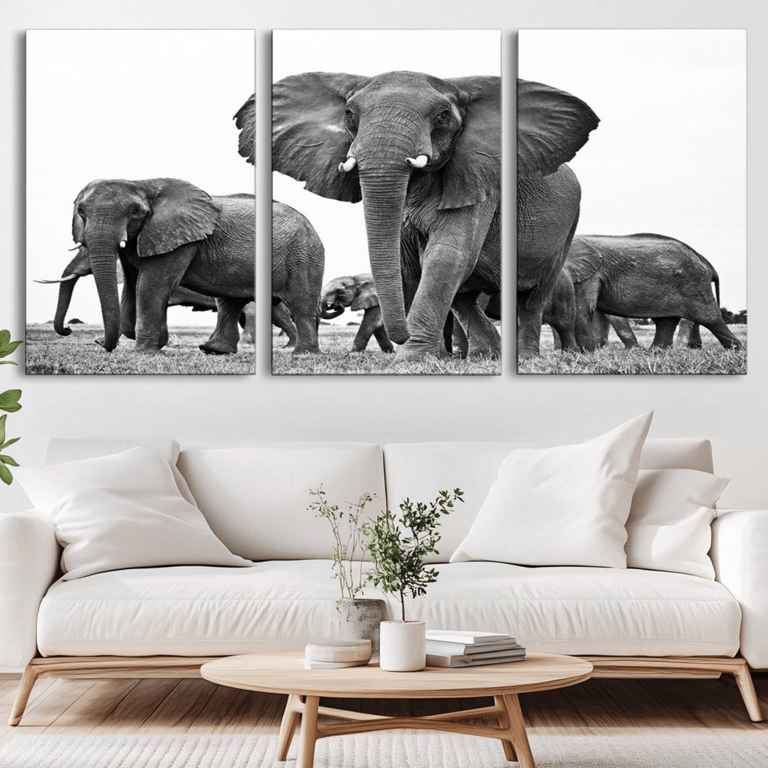Black White Elephant Family Wall Art Canvas Print