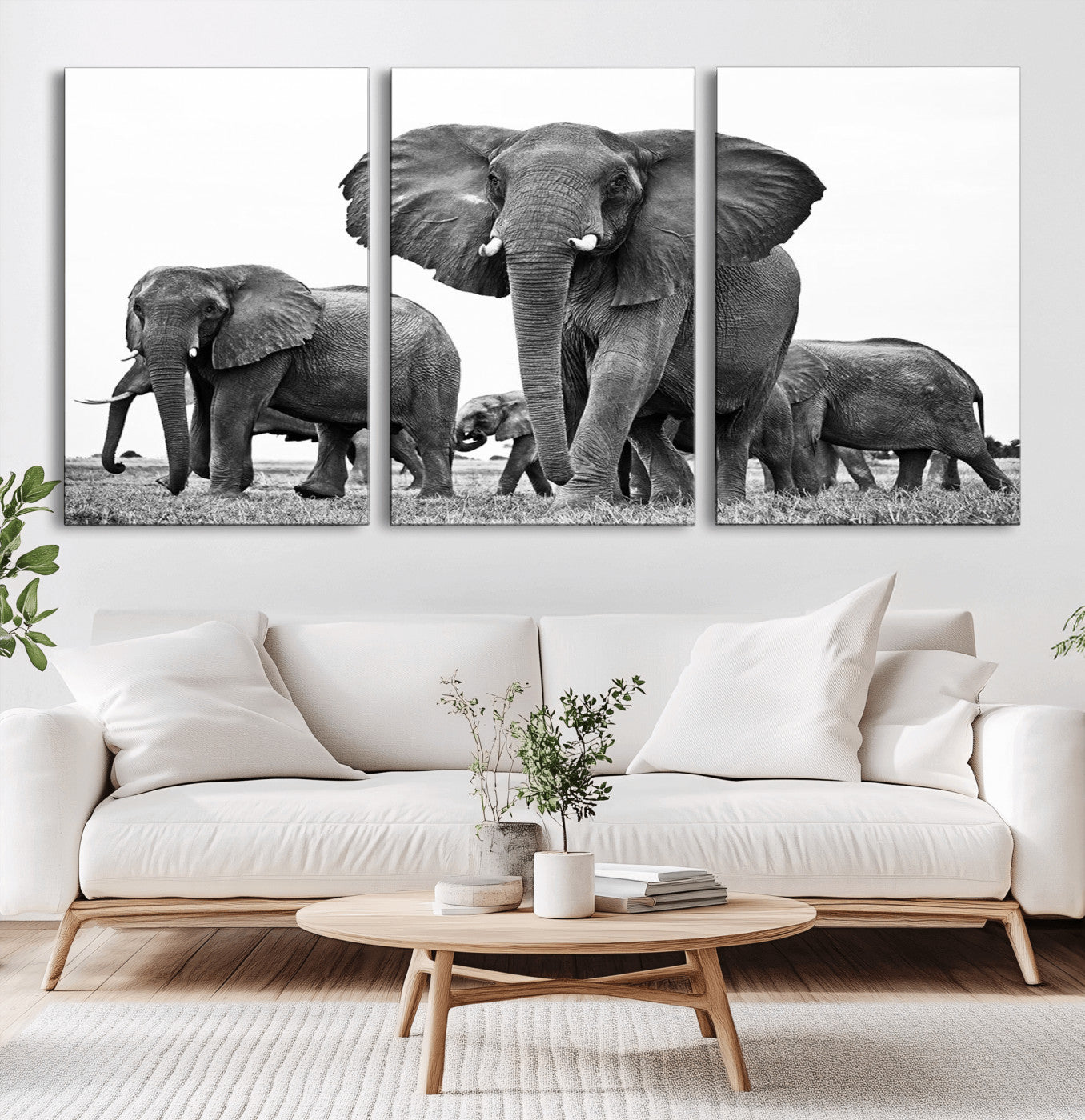 -Black White Elephant Family Wall Art Canvas Print