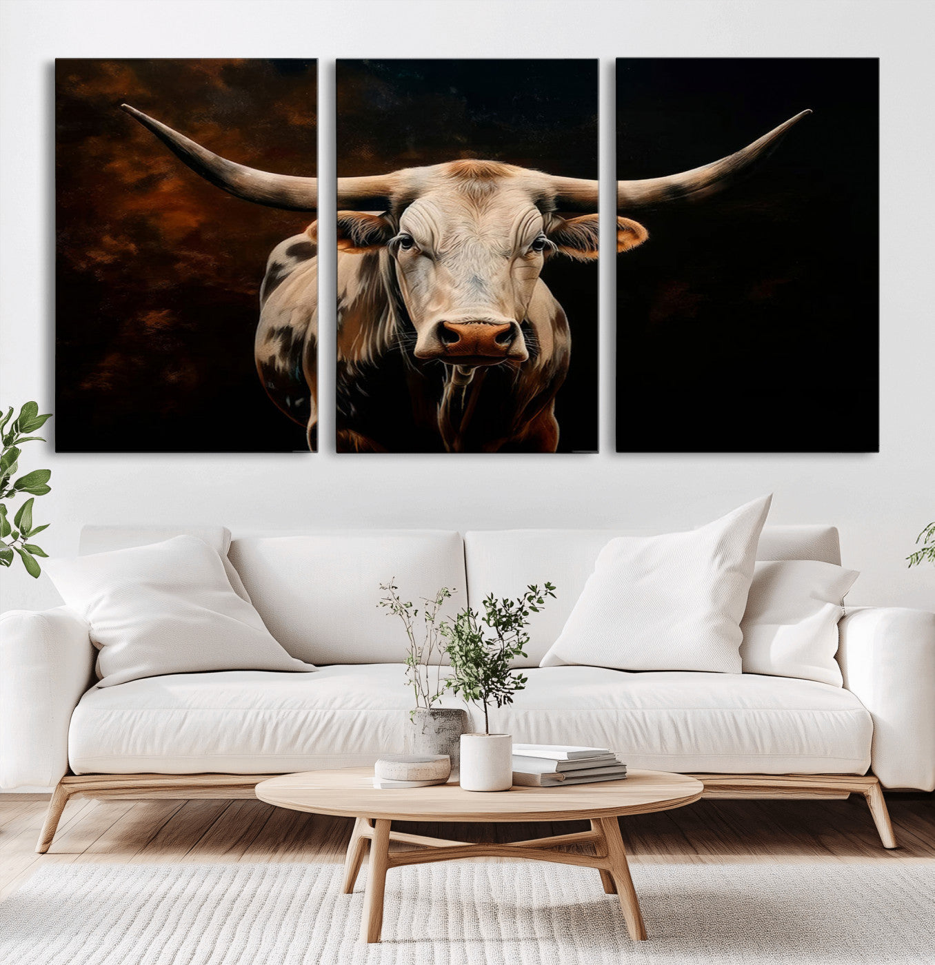 MGV-CV-60X30-3P - Texas Longhorn Wall Art | 3-Panel Large Texas Longhorn Canvas Print for Living Room, Office, or Farmhouse Decor | Framed Giclee Longhorn Wall Art