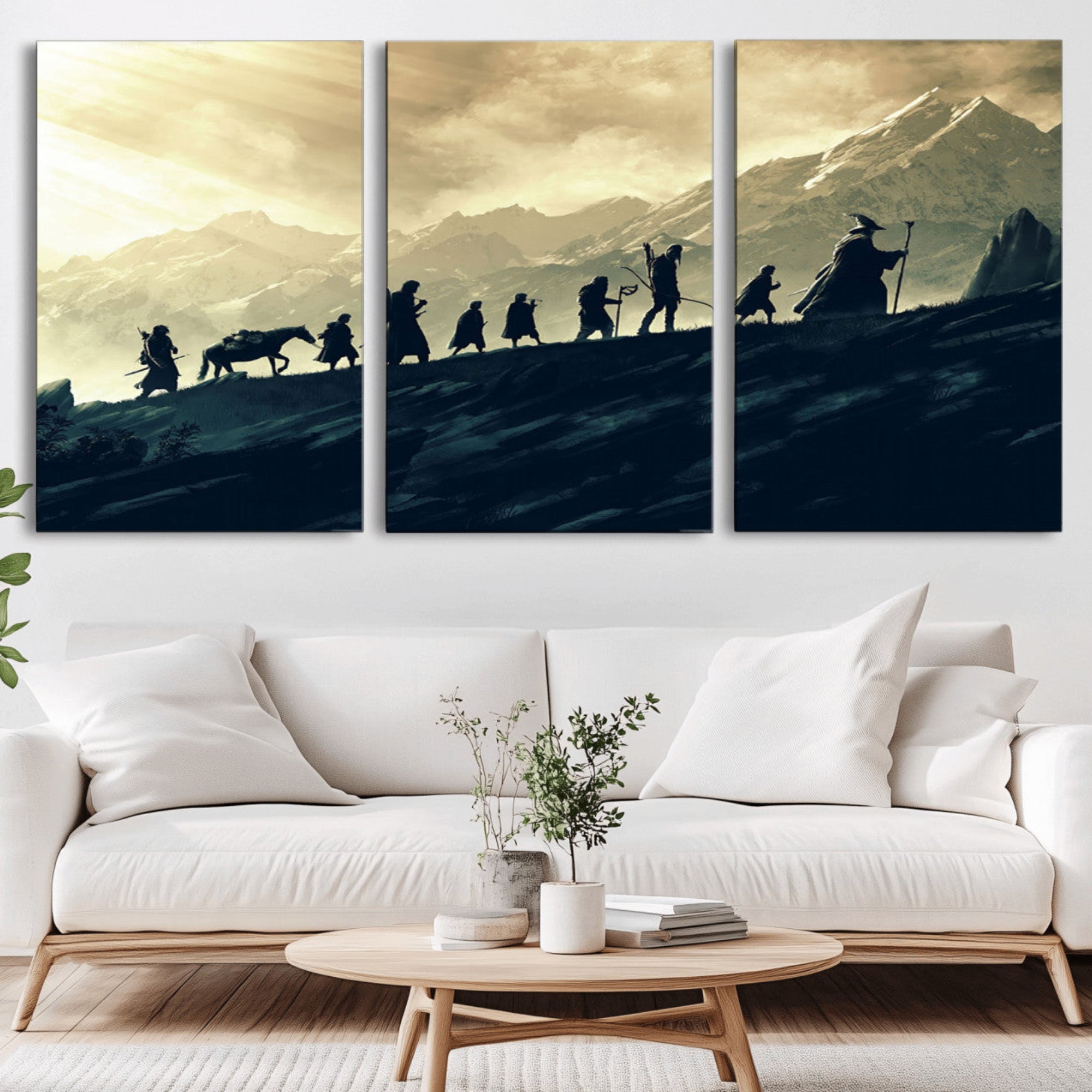 41574-MGV-CV-36X24-Fellowship Journey Wall Art – Fantasy Adventure Canvas Print with Silhouetted Travelers and Mountains, Cinematic Landscape Decor for Home or Office