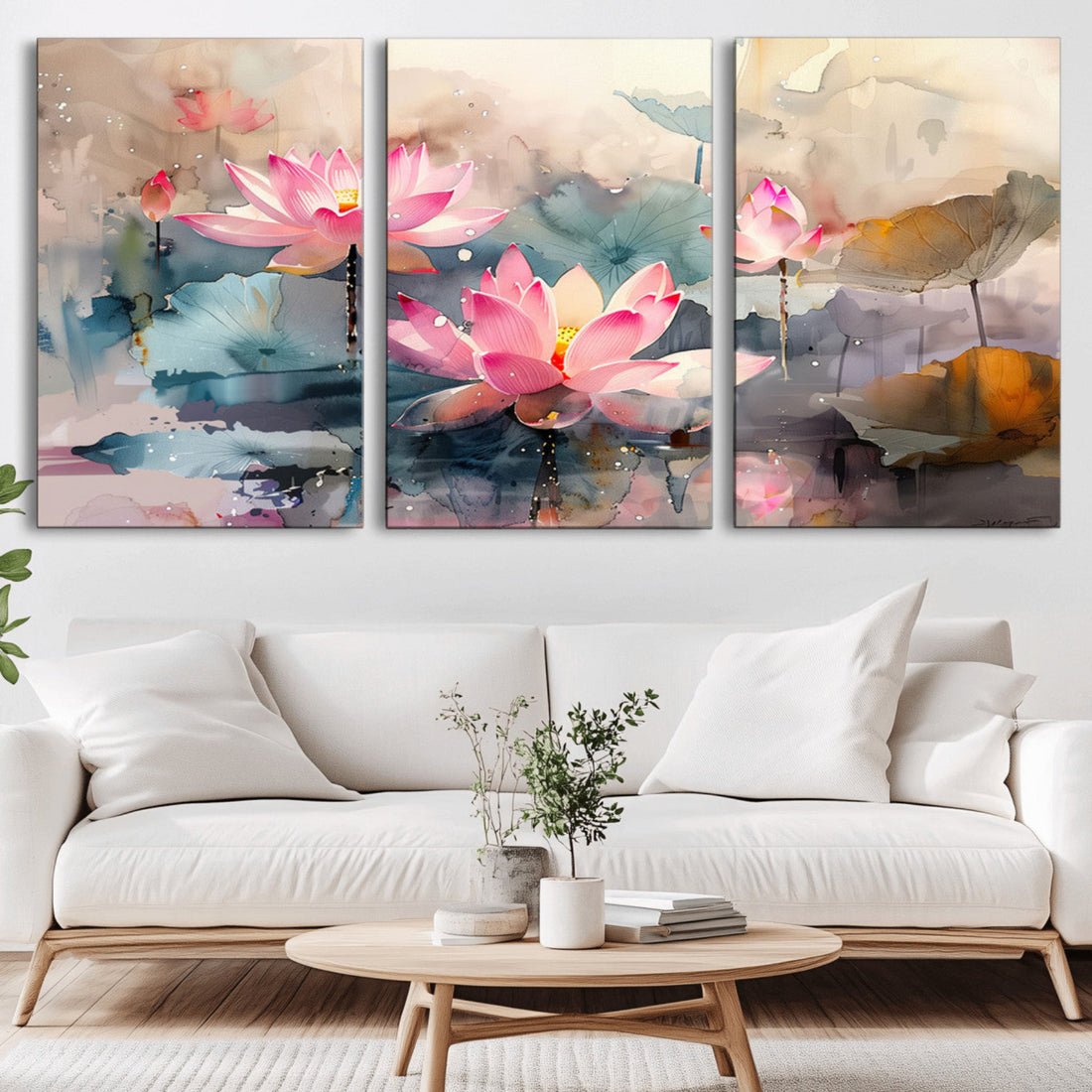 Lotus Flower Wall Art | 3 Panel Giclee Canvas Print of Pink Lotus Blossoms