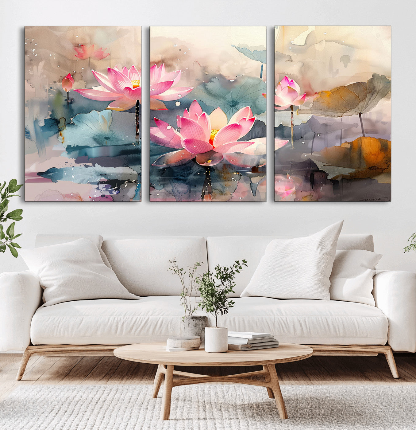 MGV-CV-60X30-3P - Lotus Flower Wall Art | 3-Panel Giclee Canvas Print of Pink Lotus Blossoms for Living Room, Bedroom, Office | Framed Lotus Floral Wall Art Decor Print