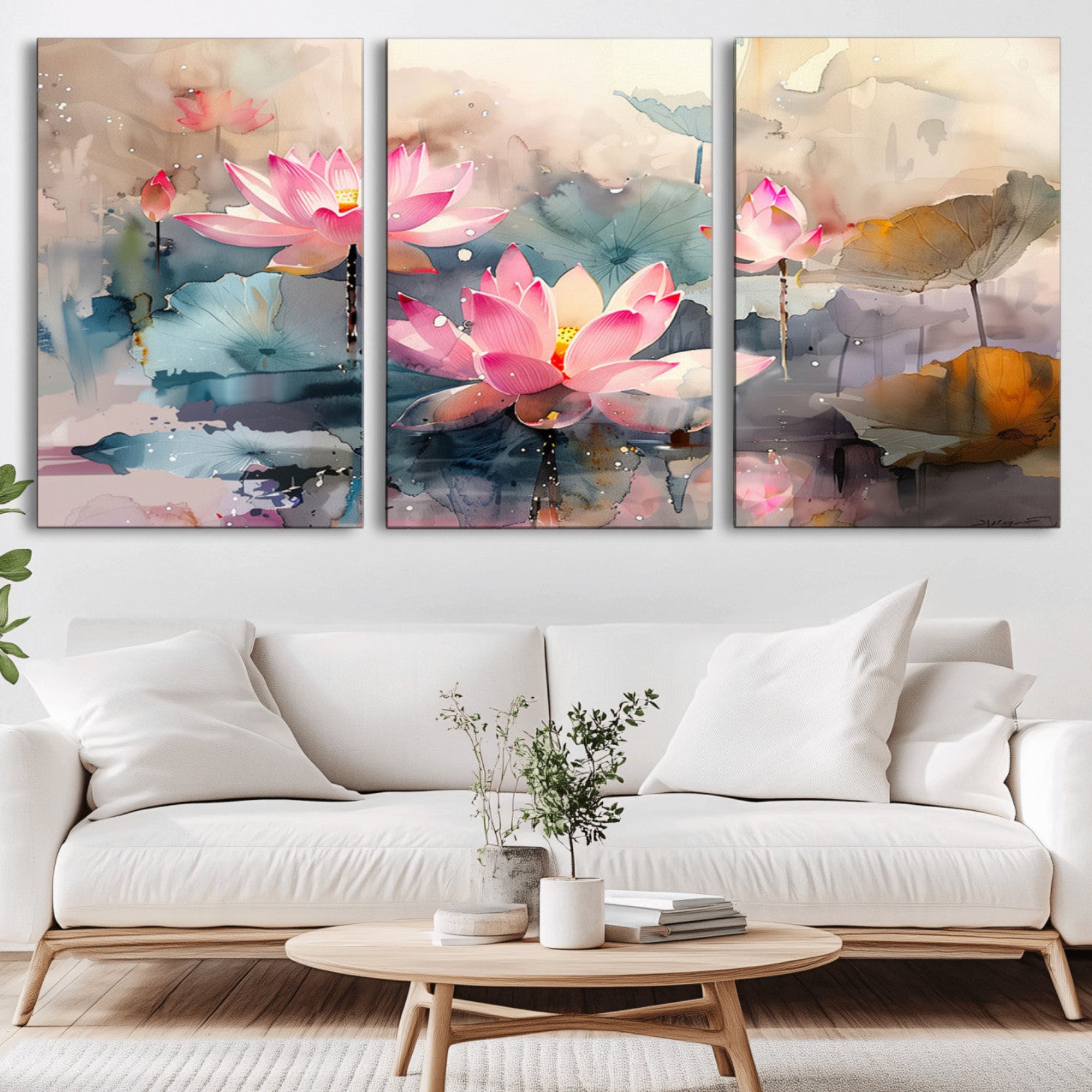 27936-MGV-CV-36X24-Lotus Flower Wall Art | 3-Panel Giclee Canvas Print of Pink Lotus Blossoms for Living Room, Bedroom,
