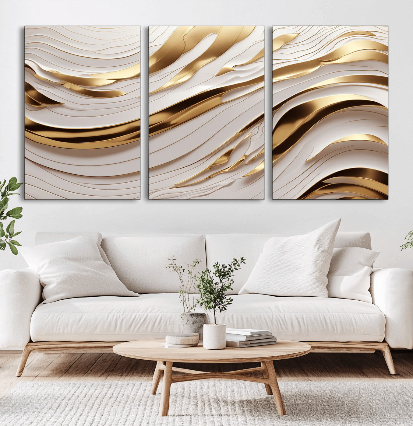 -Gold and White Abstract Wave Canvas – Elegant Flowing Design with Luxurious Golden Accents –