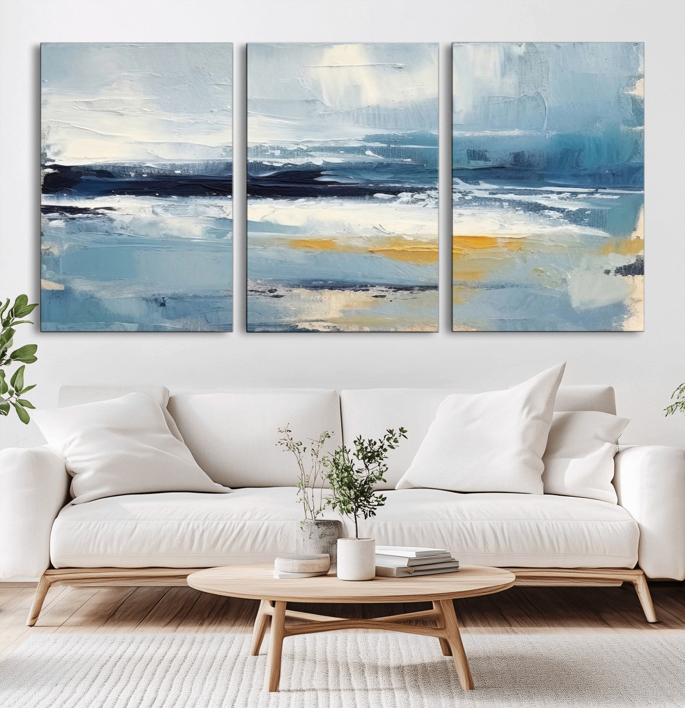 MGV-CV-60X30-3P - Abstract Ocean Canvas Wall Art - Coastal Blue and Gold Textured Painting, Modern Seascape Decor for Living Room Decor