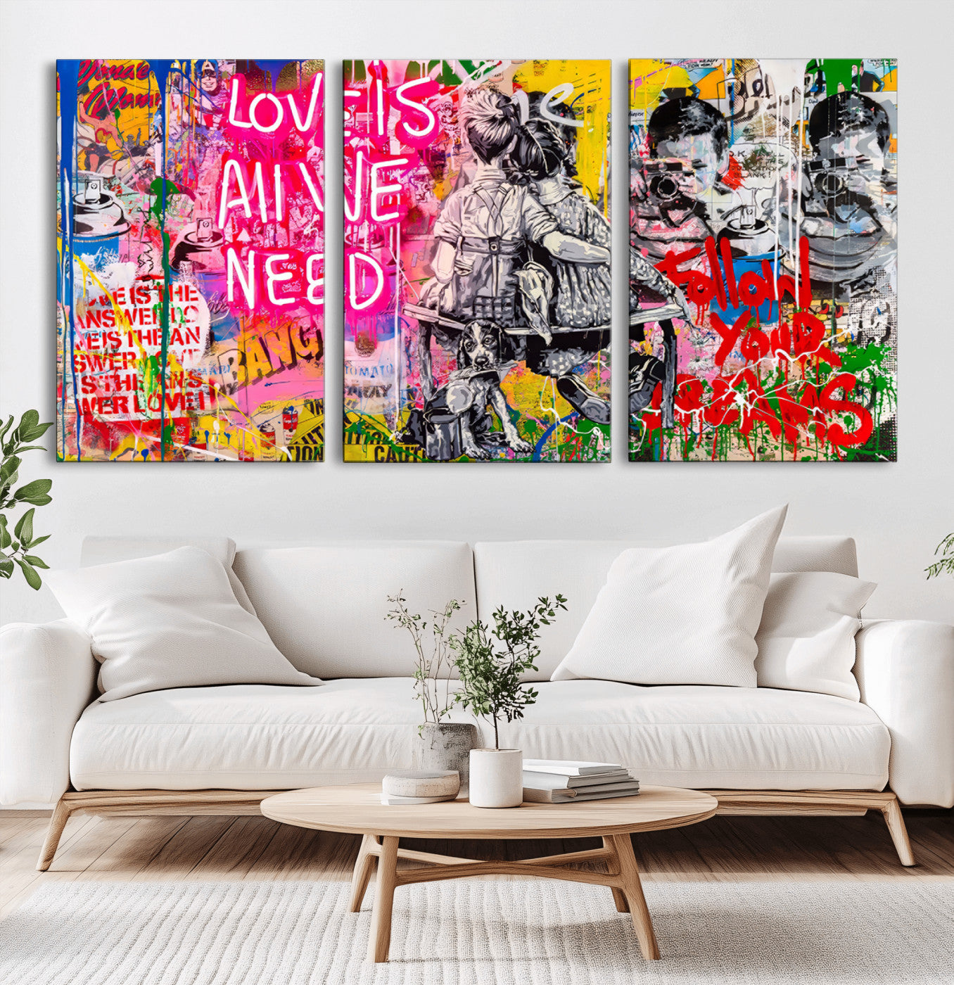 MGV-CV-60X30-3P - Follow Your Dreams & Love is All We Need Graffiti Street Art Triptych | Colorful Urban Wall Art