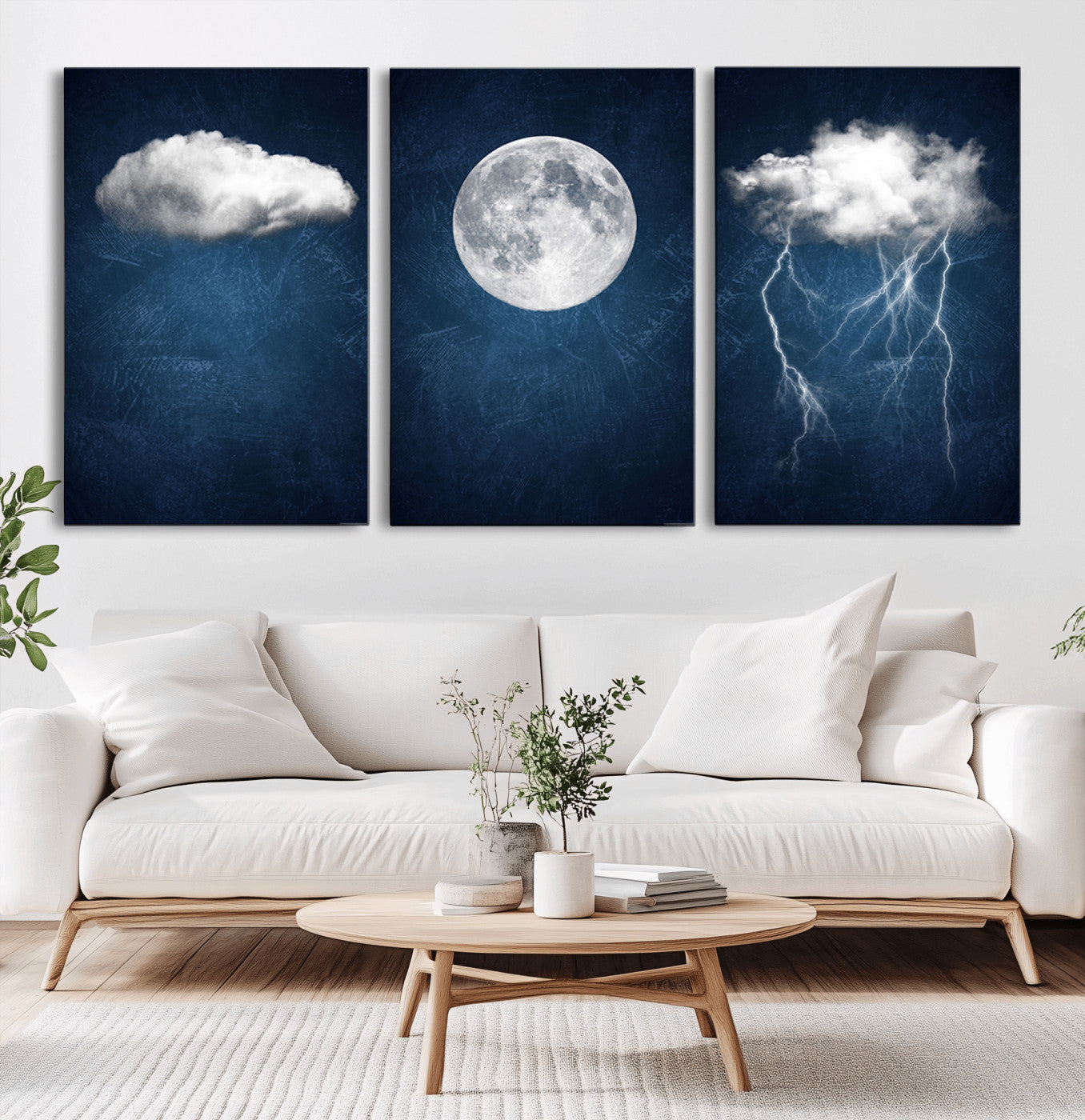 -Dark Blue Cloud Art, 3 Piece Indigo Blue Wall Art, Aesthetic Surreal Art, Thunderstorm Moon Cloud