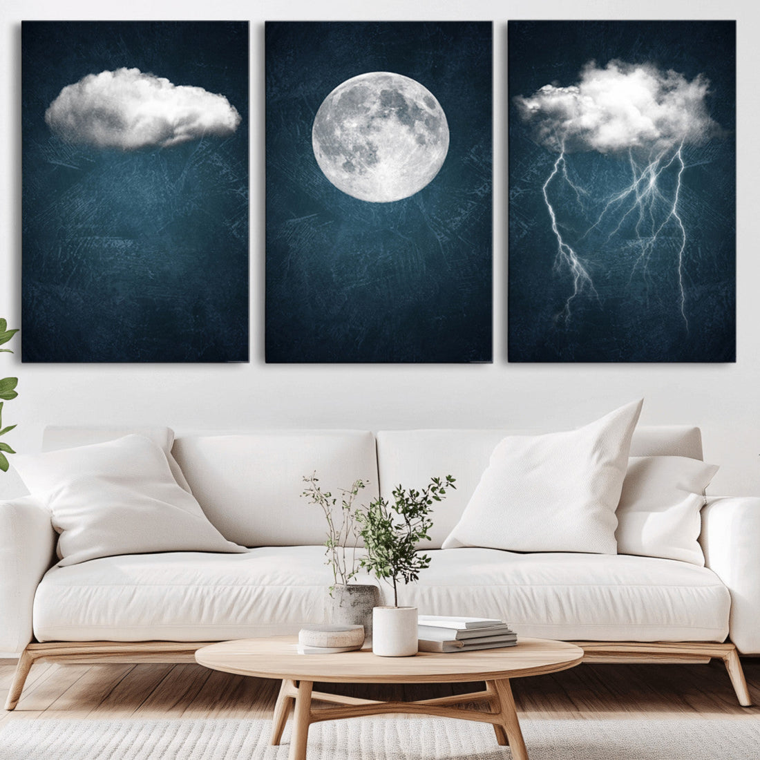 3 Piece Indigo Cloud Wall Art, Thunderstorm Moon Cloud Artwork