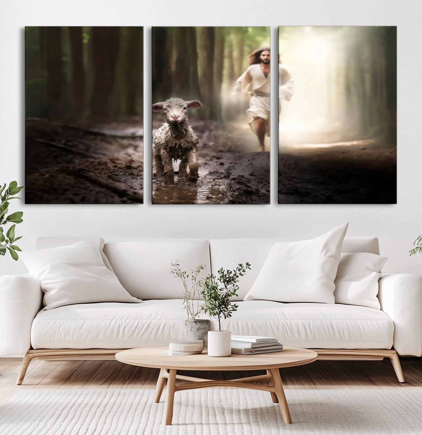 MGV-CV-60X30-3P - Jesus Canvas Wall Art - Jesus Running After Lost Lamb, Jesus, Christian Home Decor - Church Wall Art