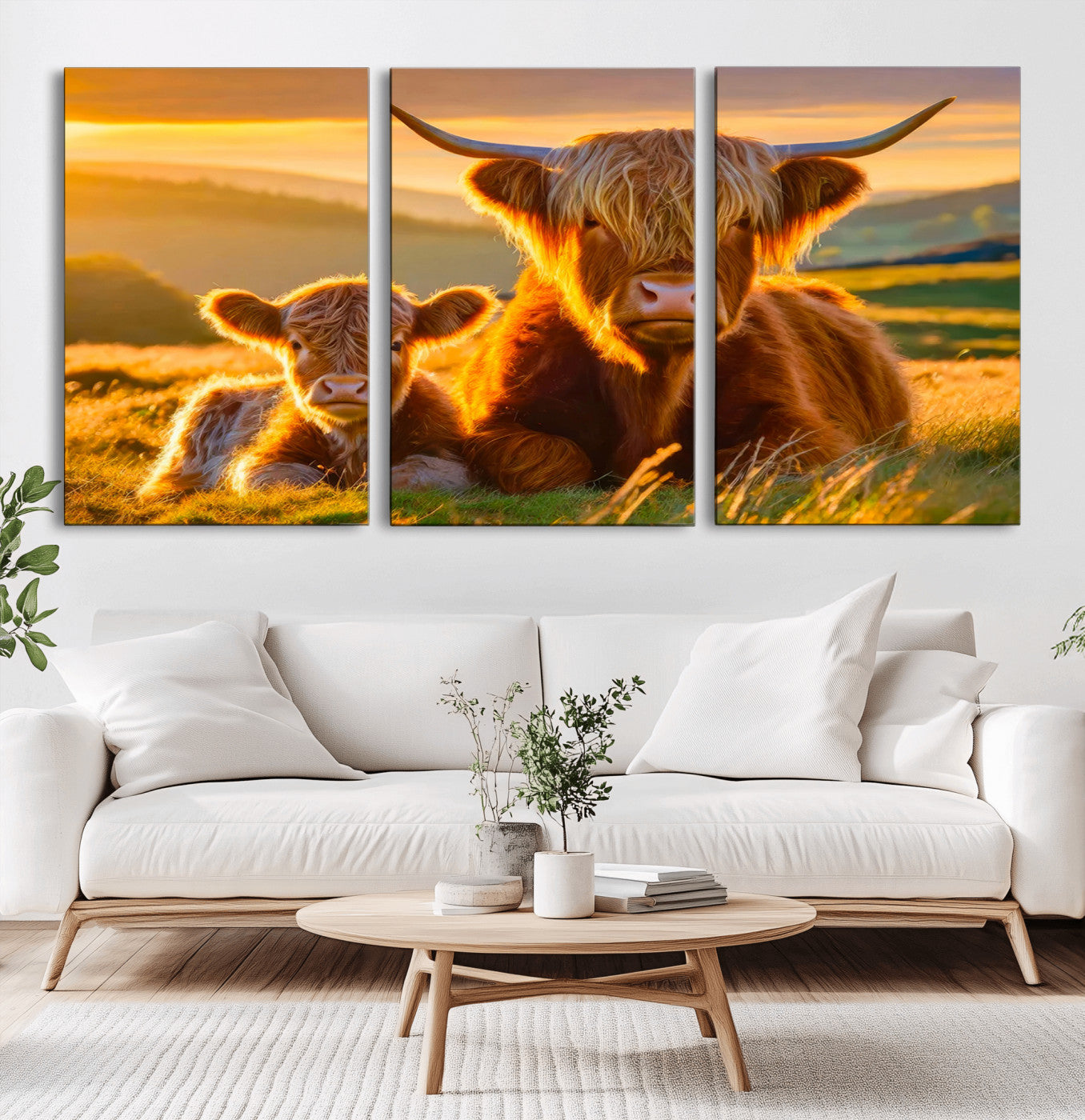 -Scottish Cow and Baby Cow Canvas Wall Art Animal Print Fluffy Cattle Framed Farmhouse Decor