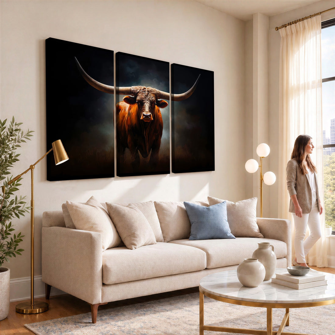 Abstract Texas Longhorn Wall Art Print | 3-Panel Large Texas Longhorn Canvas