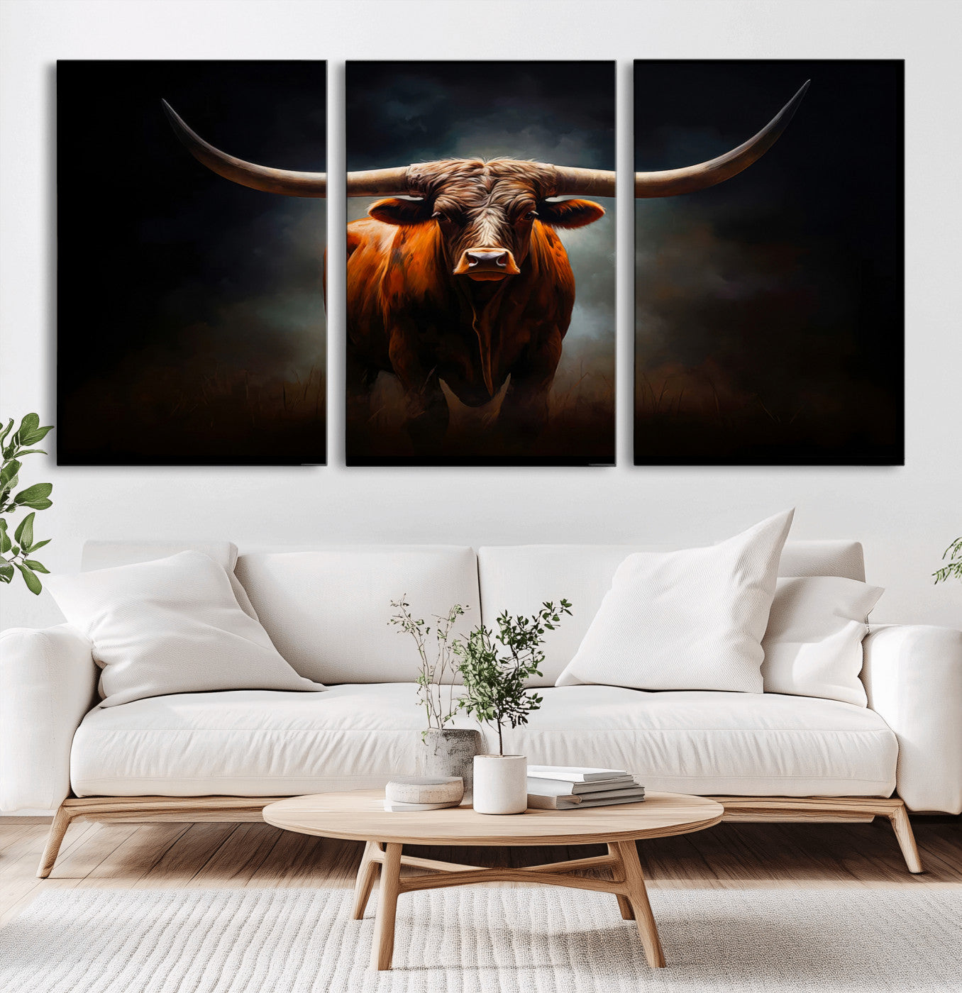 MGV-CV-60X30-3P - Abstract Texas Longhorn Wall Art Print | 3-Panel Large Texas Longhorn Canvas Print for Living Room,