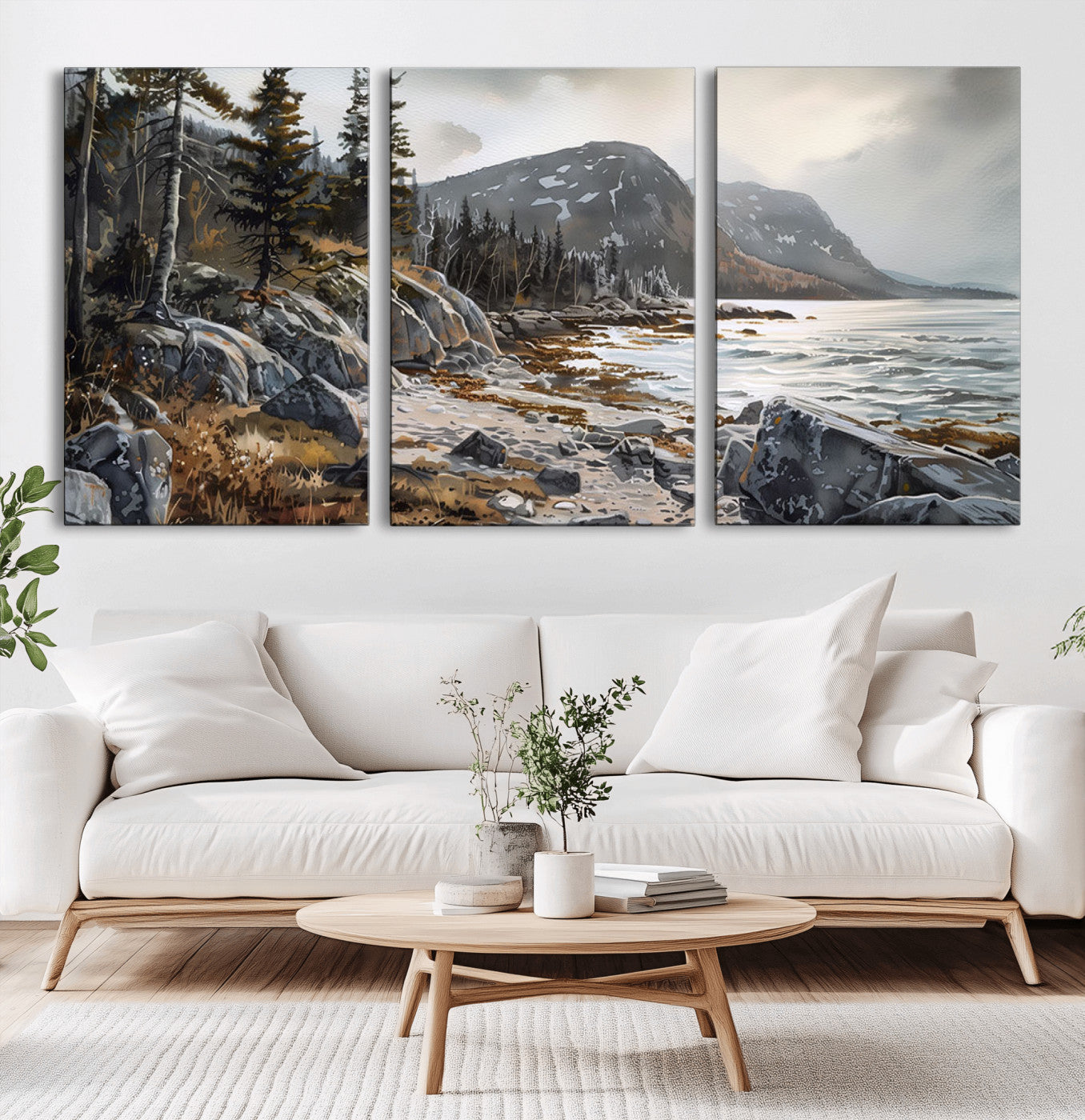 -Serene Coastal View of Acadia National Park - Stunning 3-Panel Wall Art Canvas Print, Framed, Ready