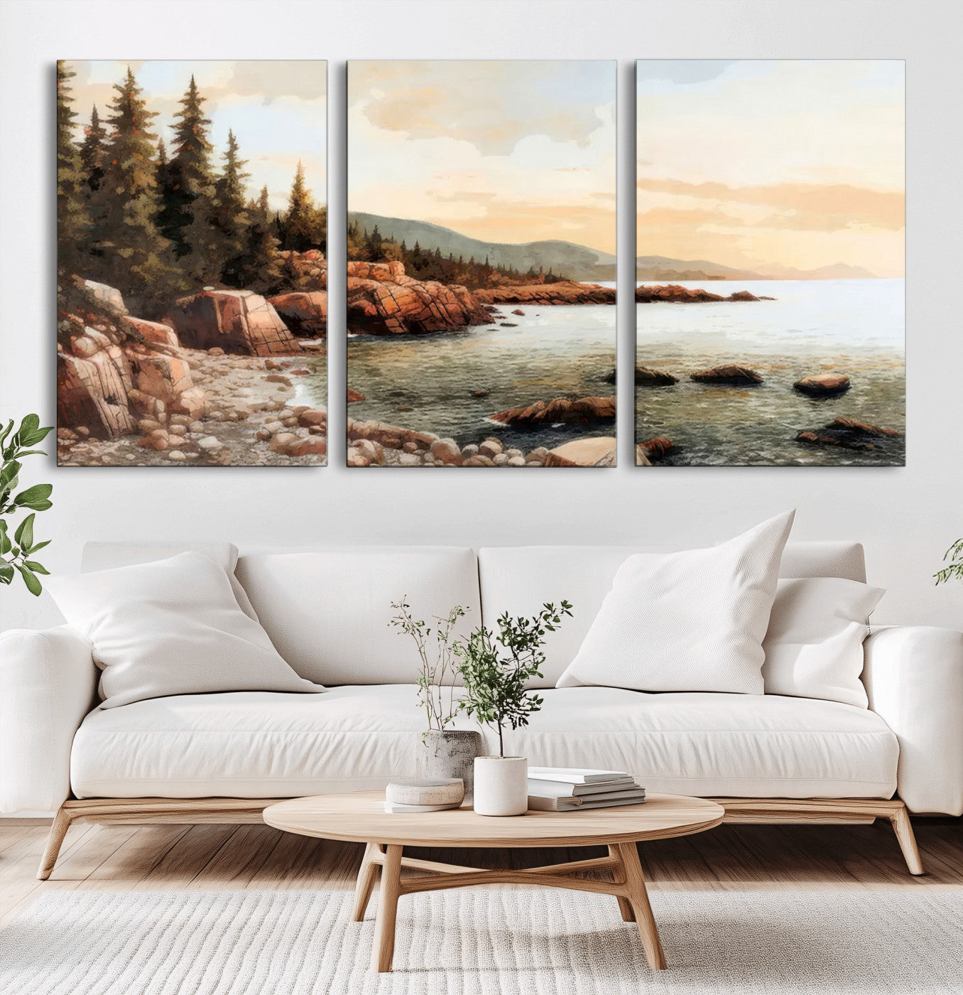 MGV-CV-60X30-3P - Serene Coastal View of Acadia National Park Wall Art - Stunning 3-Panel Wall Art Canvas Print,