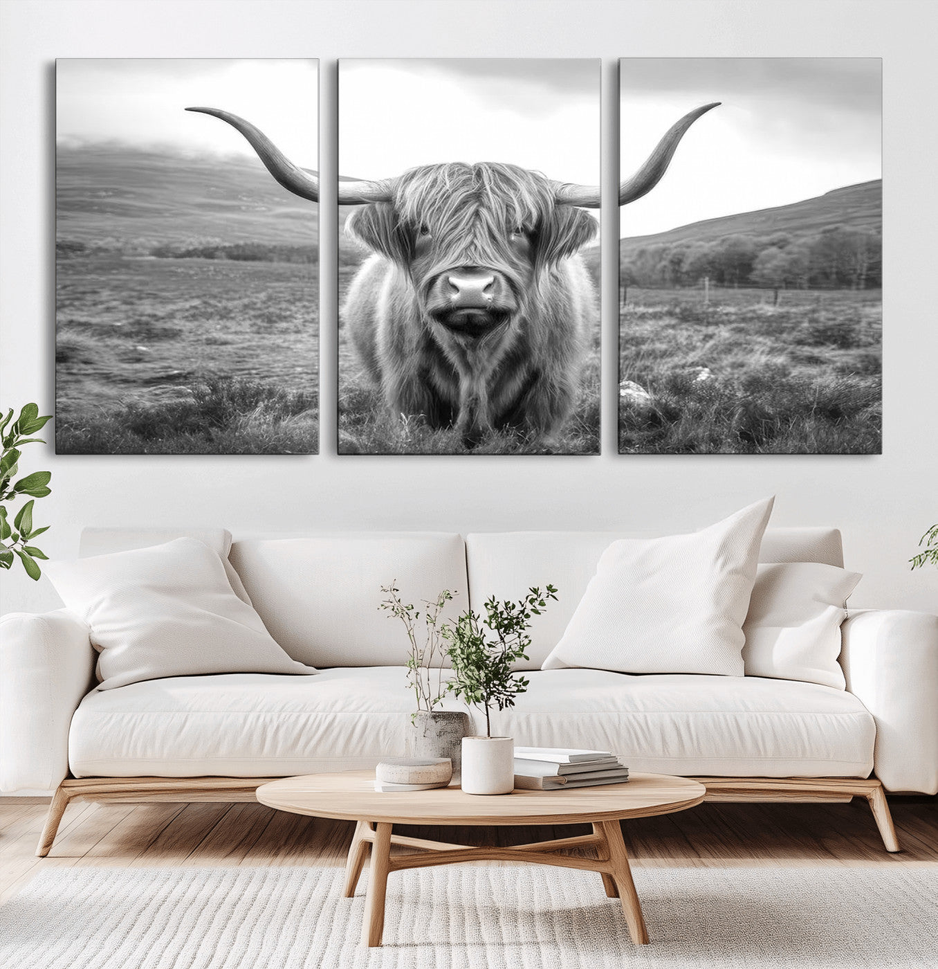 MGV-CV-60X30-3P - Black White Scottish Highland Cow Canvas Farm Wall Art Canvas Print