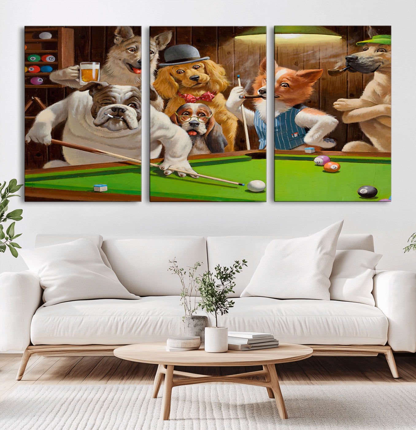 MGV-CV-60X30-3P - Dogs Playing Pool Canvas Wall Art Funny Gifts Dog Print