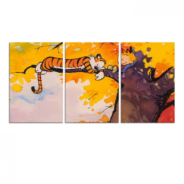 A wall art featuring a boy and a tiger amidst autumn leaves, reminiscent of the Calvin and Hobbes Tree Scene Canvas Print, ideal for creating a playful atmosphere.