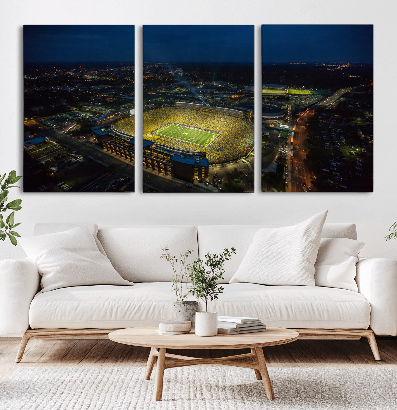 MGV-CV-60X30-3P - Michigan Stadium Night Game Wall Art – Sports Arena Aerial View Canvas Print, Framed, Ready to Hang