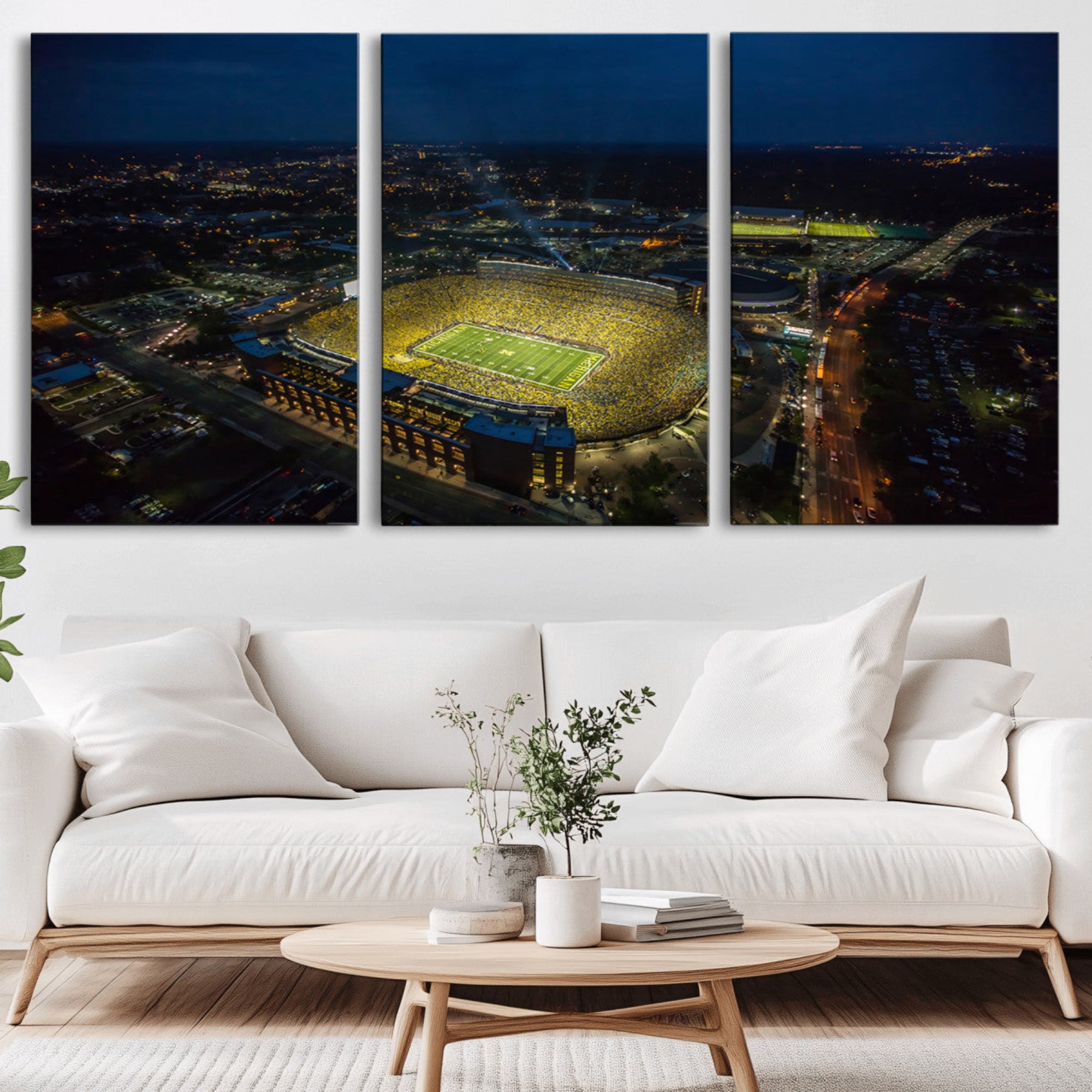 33588-MGV-CV-36X24-Michigan Stadium Night Game Wall Art – Sports Arena Aerial View Canvas Print, Framed, Ready to Hang