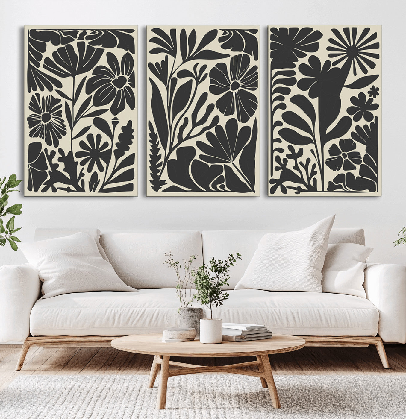 MGV-CV-60X30-3P - Modern Botanical Wall Art - Floral Black and White Canvas Print, Framed, Ready to Hang