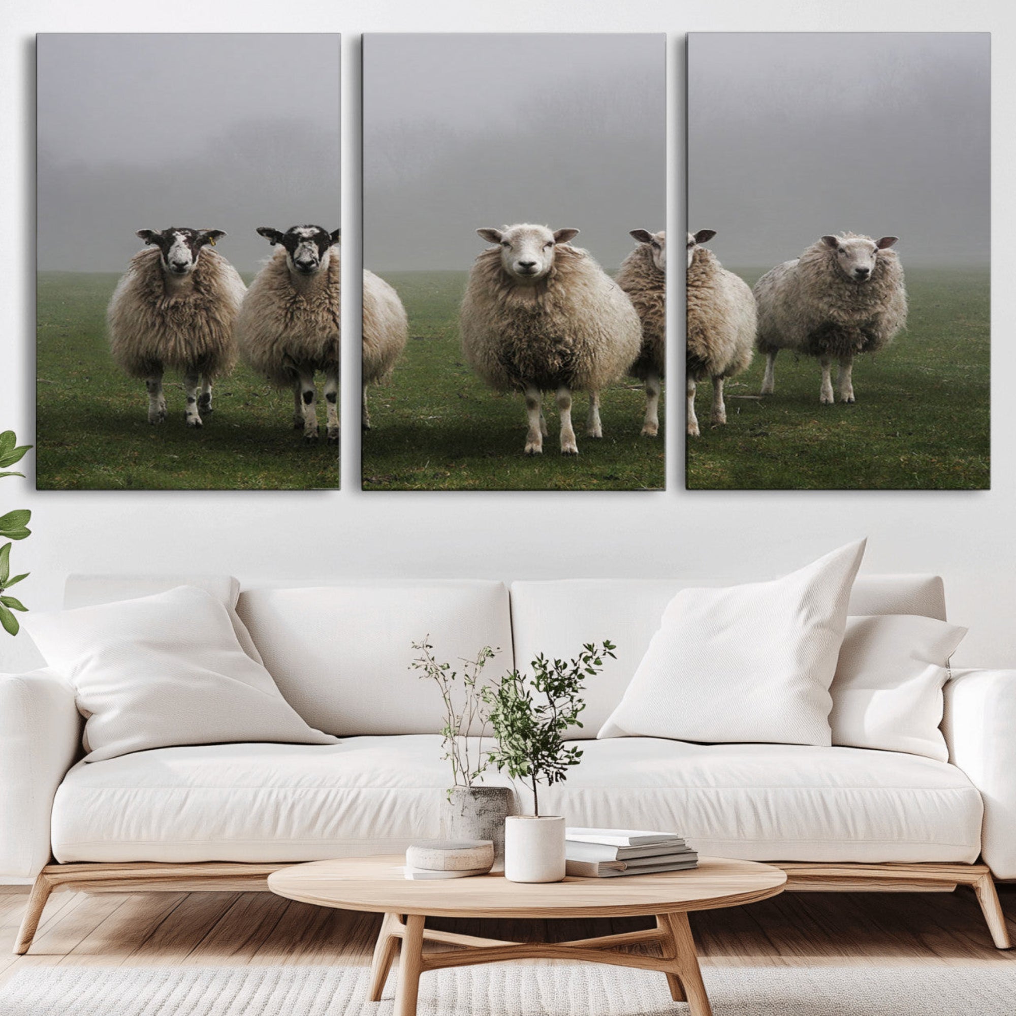 87339-MGV-CV-36X24-Flock of Sheep in a Mystical Fog – Pastoral Wall Art Canvas Print, Framed, Ready to Hang
