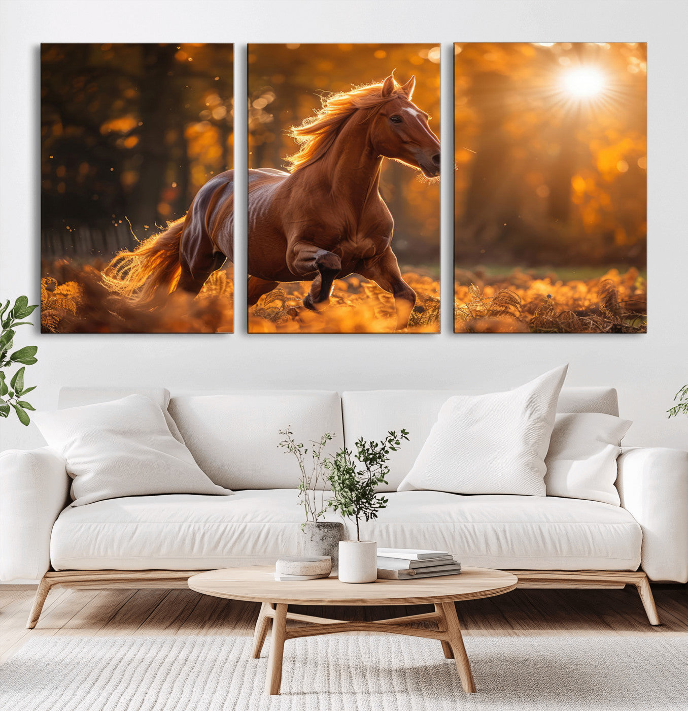 -Running Horse Sunset Forest Wall Art Canvas Print