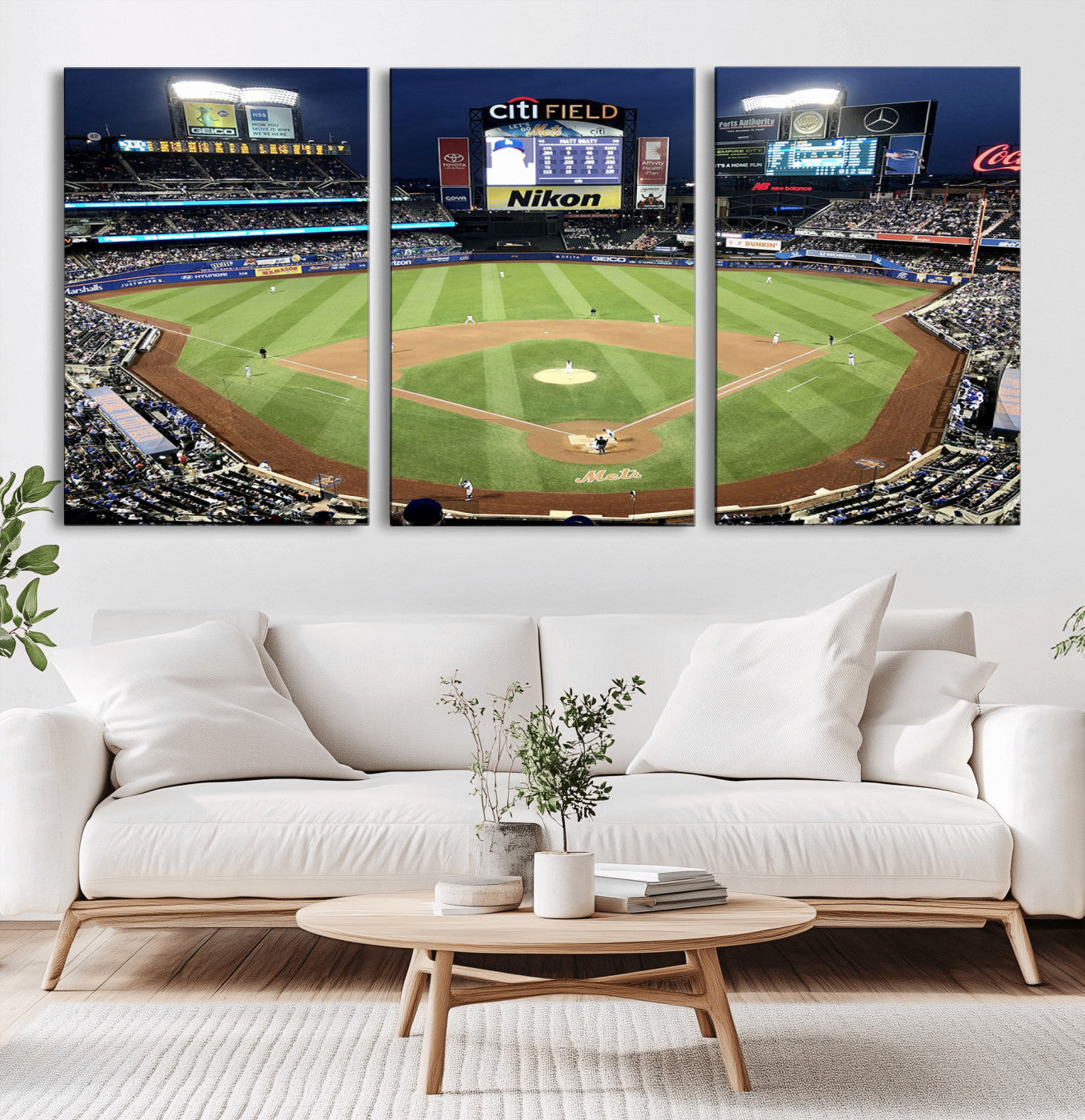 MGV-CV-60X30-3P - Citi Field Wall Art Print | 3-Panel New York Mets Baseball Stadium Canvas Print | Framed Sports Decor for Living Room, Man Cave, or Office Decor
