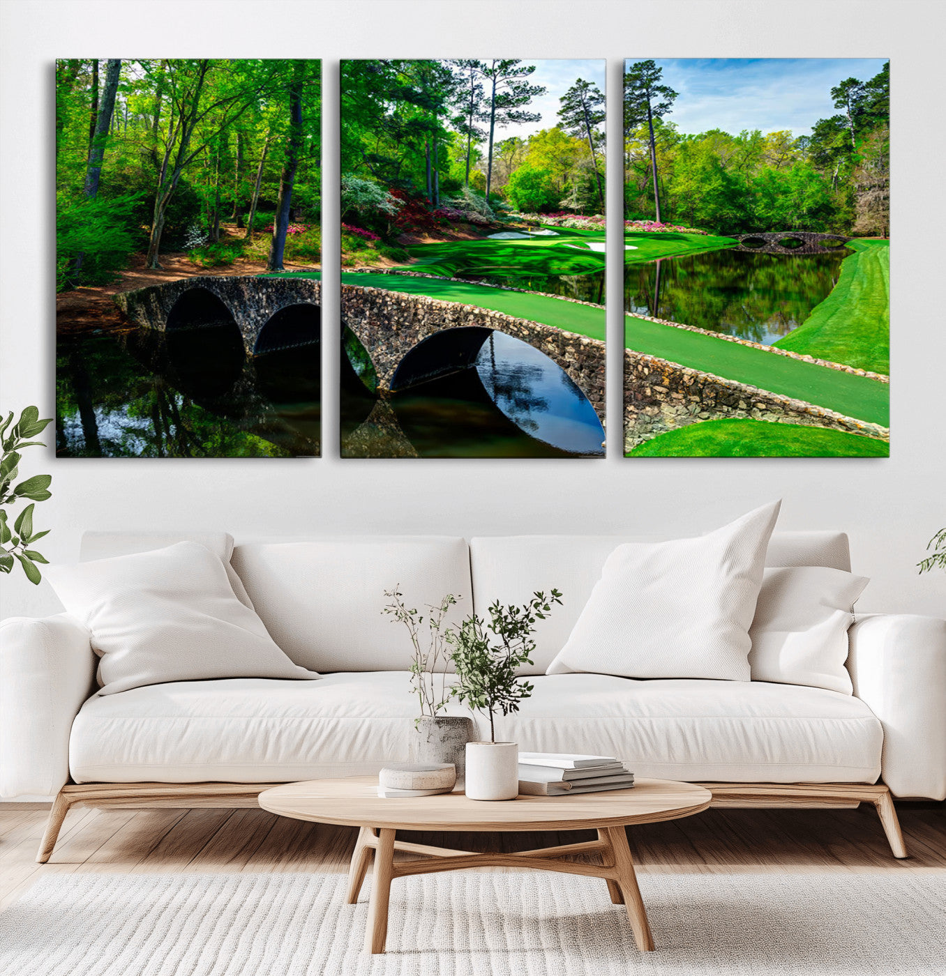 MGV-CV-60X30-3P - Augusta National Golf Club Wall Art - Panoramic Bridge & Lush Greenery – Premium Framed,