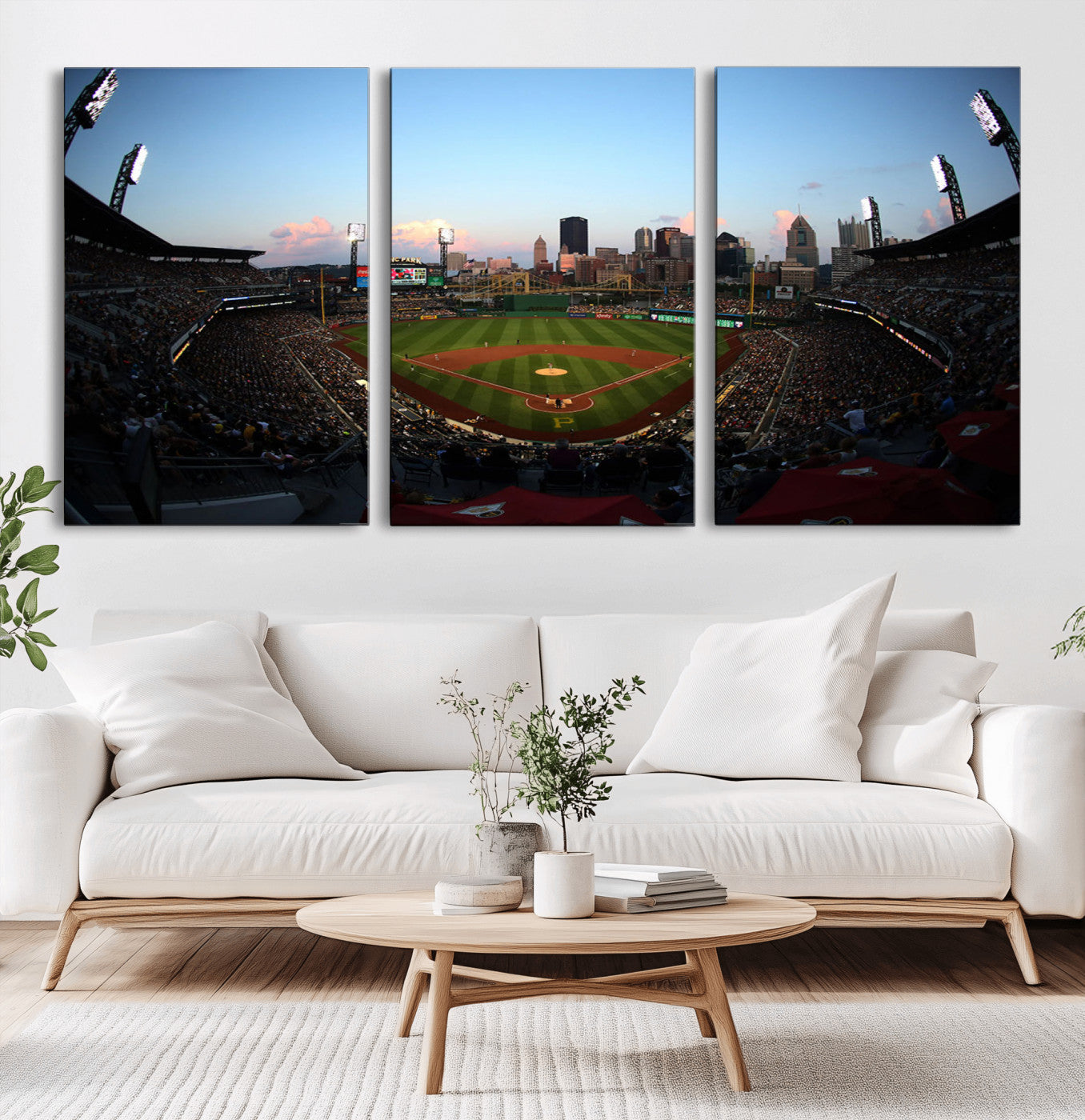 MGV-CV-60X30-3P - PNC Park Evening Game Triple Canvas Wall Art - Pittsburgh Pirates MLB Match - PNC Park Stadium Wall Art Canvas Print