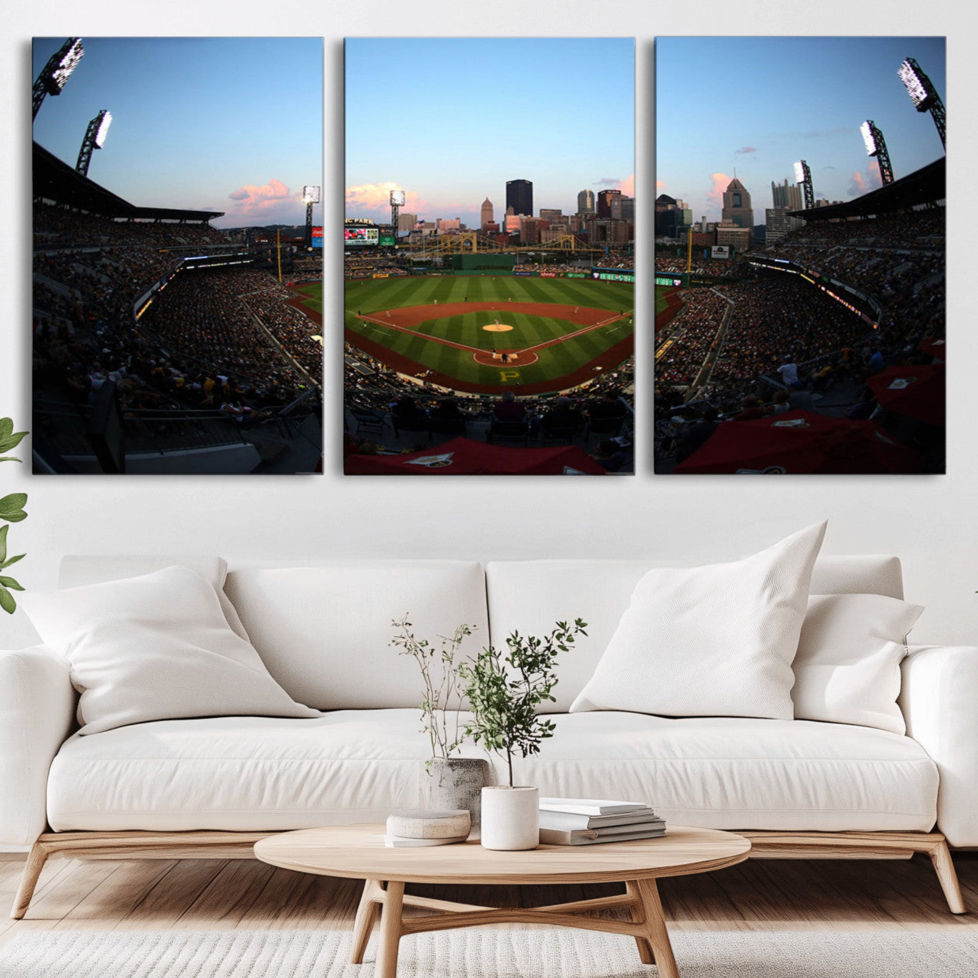 67670-MGV-CV-36X24-PNC Park Evening Game Triple Canvas Wall Art - Pittsburgh Pirates MLB Match - PNC Park Stadium Wall