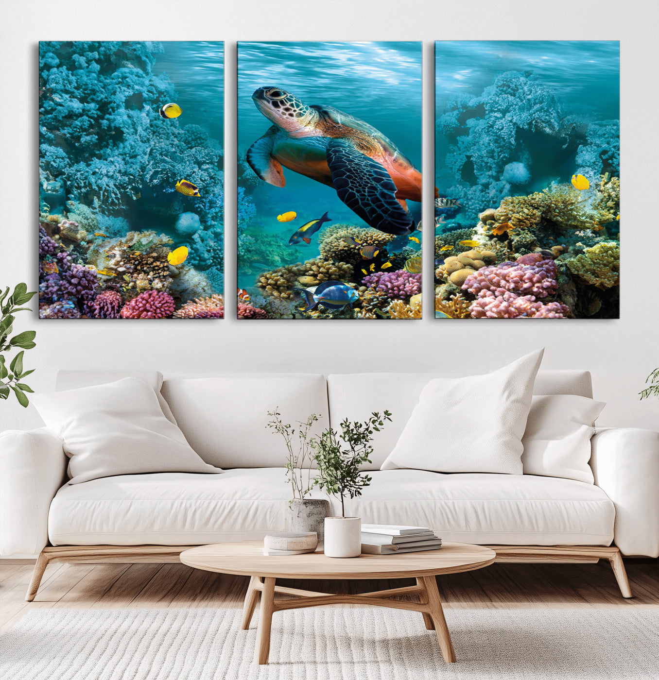 MGV-CV-60X30-3P - Sea Turtle and Coral Reef Triptych Wall Art – Vibrant Underwater Scene Canvas Set for Ocean Lovers and Coastal Decor – Ready to Hang 3-Panel Artwork