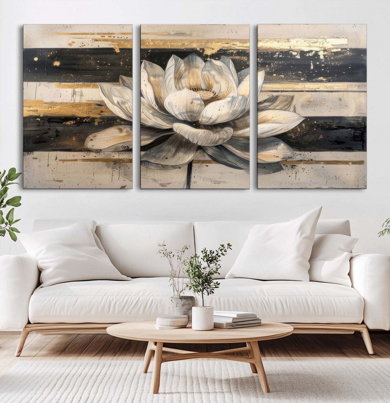MGV-CV-60X30-3P - Lotus Flower Wall Art Canvas Print, Framed Abstract Lotus Art Picture Print, White Lotus Flower Perfect Abstract Floral Decor Artwork
