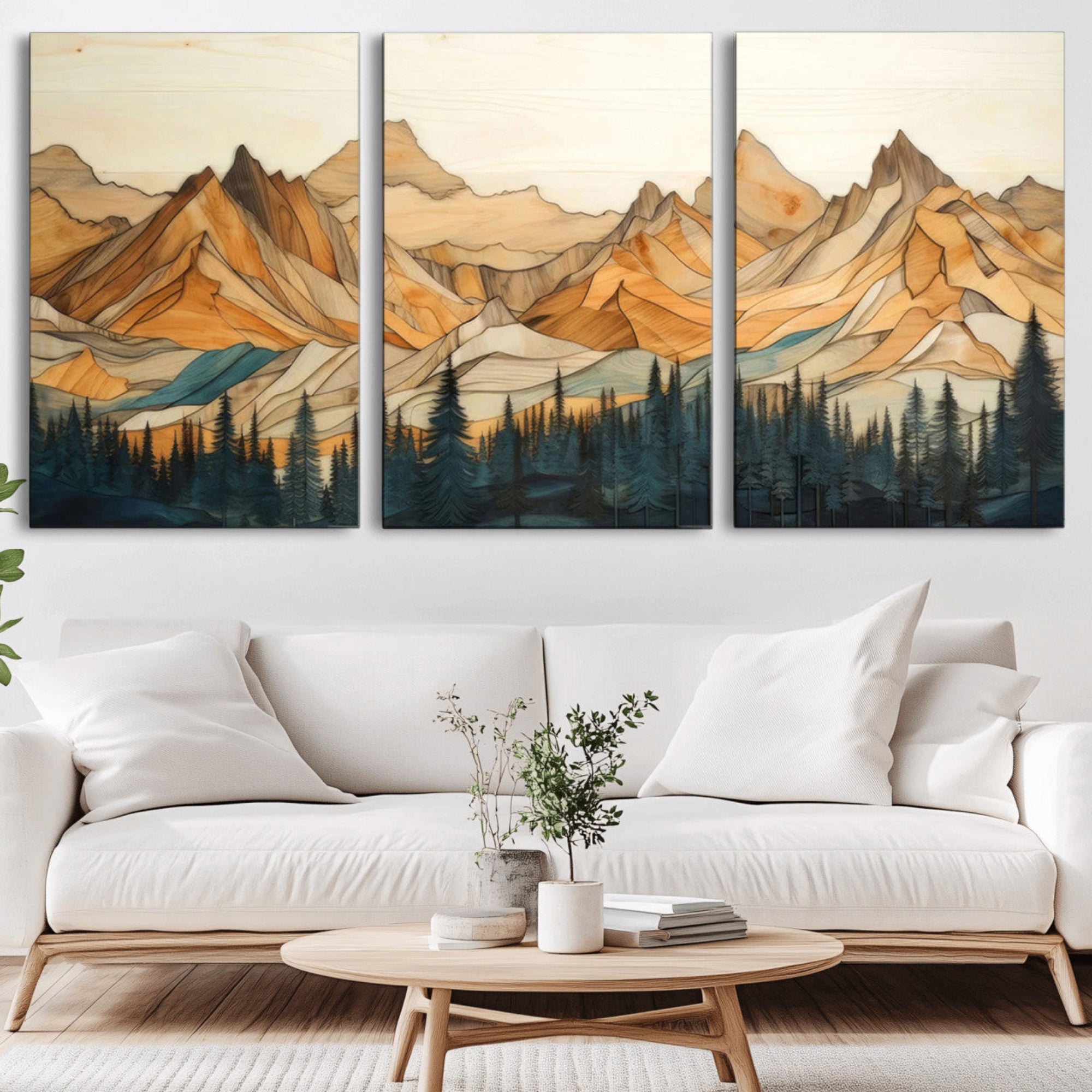 31576-MGV-CV-36X24-Rustic Wood Mountain Wall Art Print | Triptych Giclee Print Featuring Handcrafted Forest and