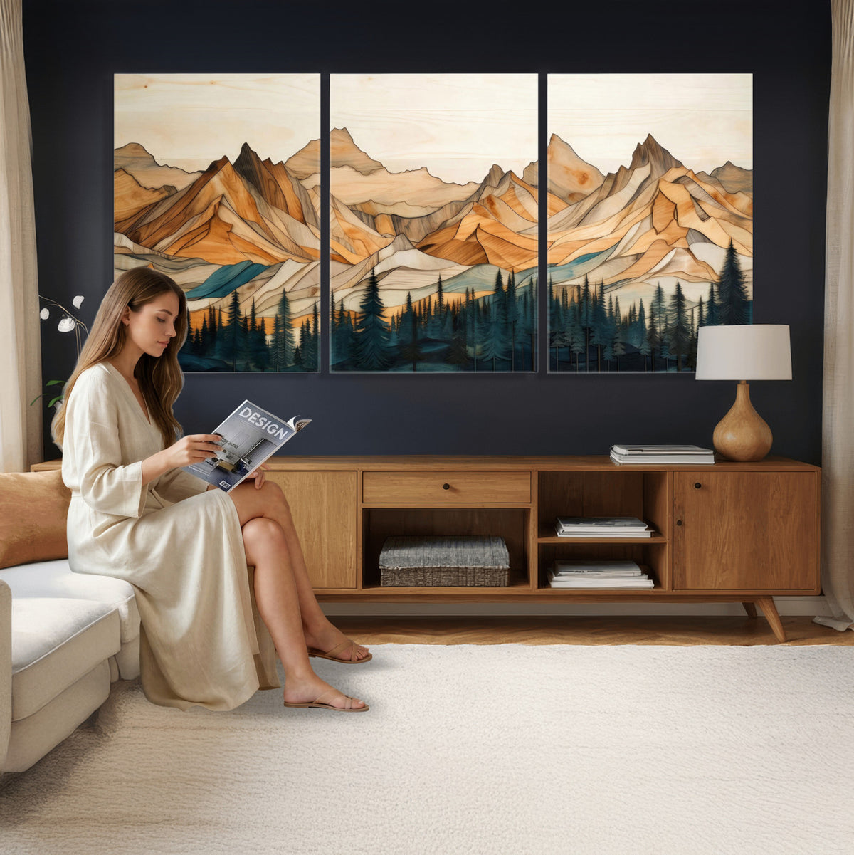 31576-PAN-FL-20X10 - Rustic Wood Mountain Wall Art Print | Triptych Giclee Print Featuring Handcrafted Forest and