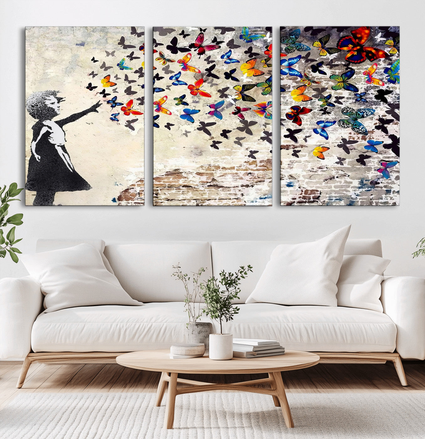 MGV-CV-60X30-3P - Banksy Graffiti Wall Art Canvas Print: Girl Releasing Vibrant Butterflies – Ready to Hang