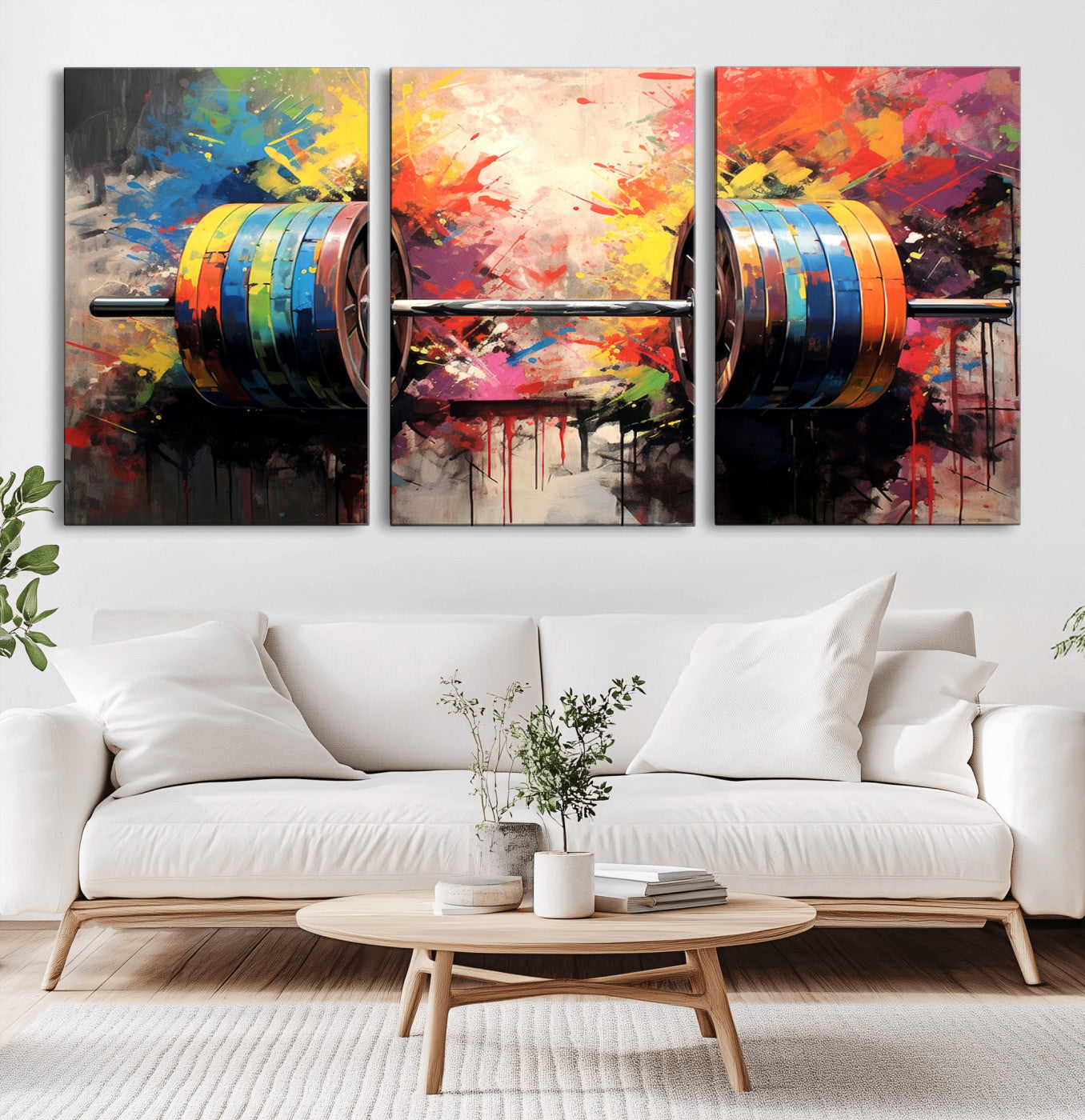 MGV-CV-60X30-3P - Weightlifting Barbell Art Triptych, Bold Abstract Fitness Wall Decor for Gym or Home, Giclee Canvas Print