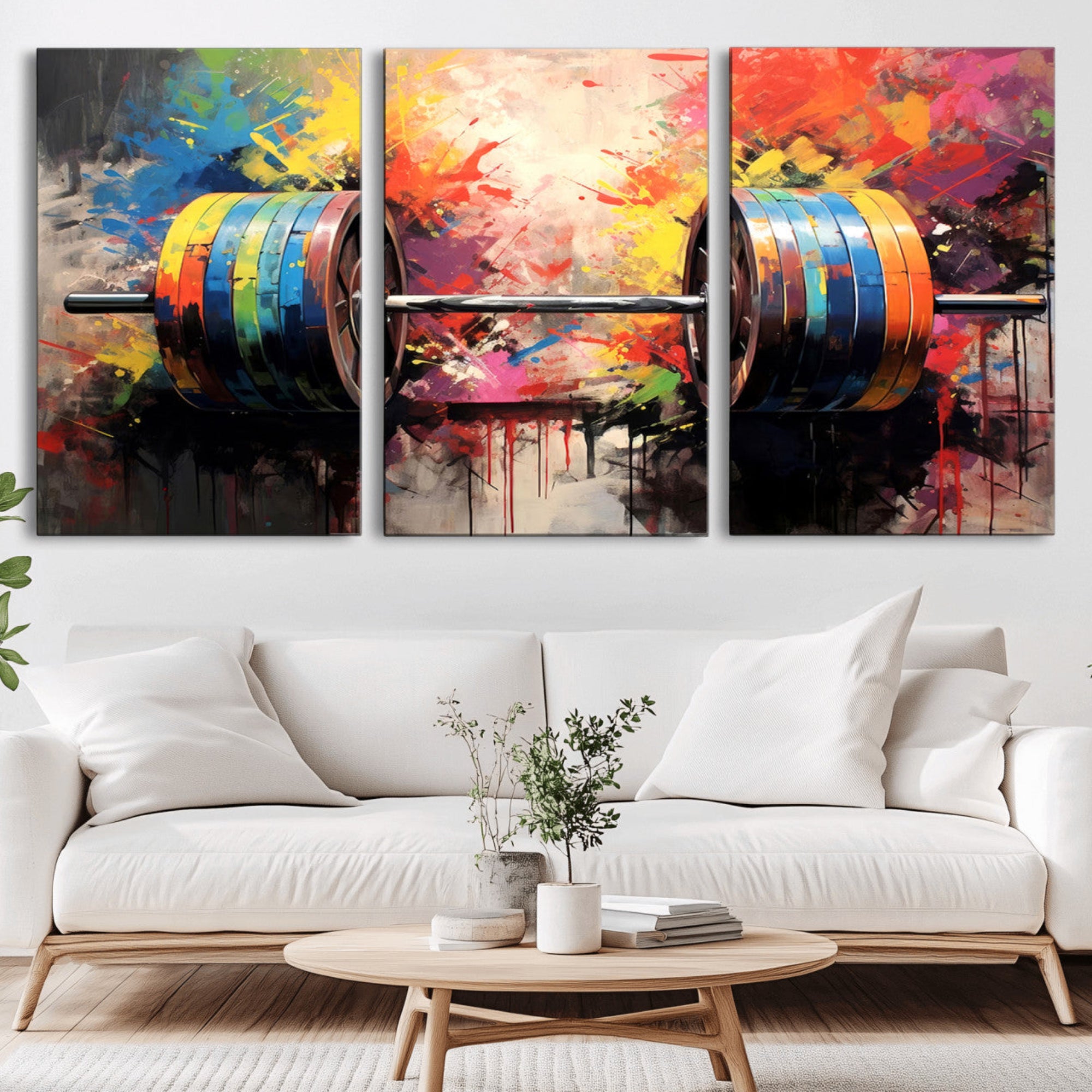 80436-MGV-CV-36X24-Weightlifting Barbell Art Triptych, Bold Abstract Fitness Wall Decor for Gym or Home, Giclee Canvas